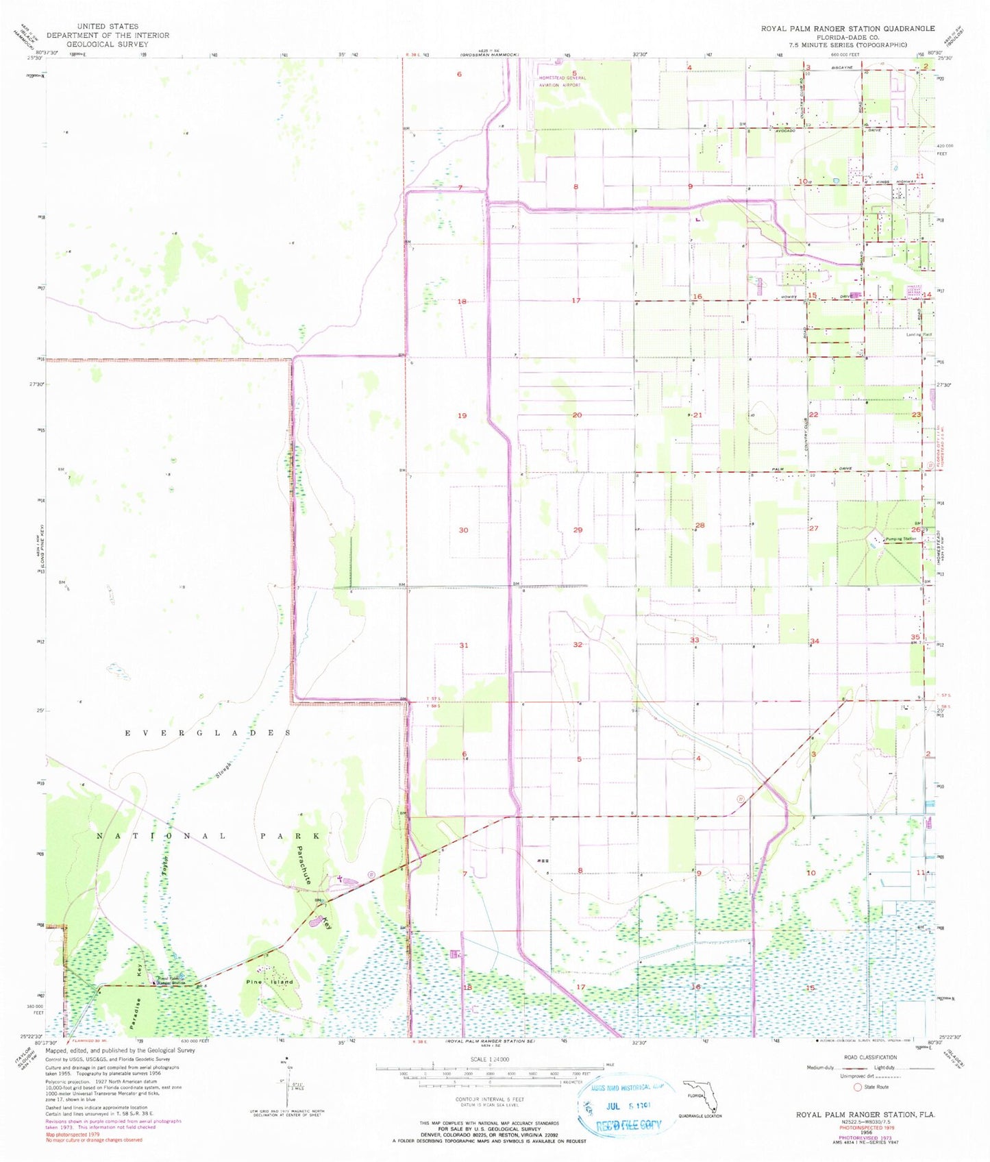 Classic USGS Royal Palm Ranger Station Florida 7.5'x7.5' Topo Map Image