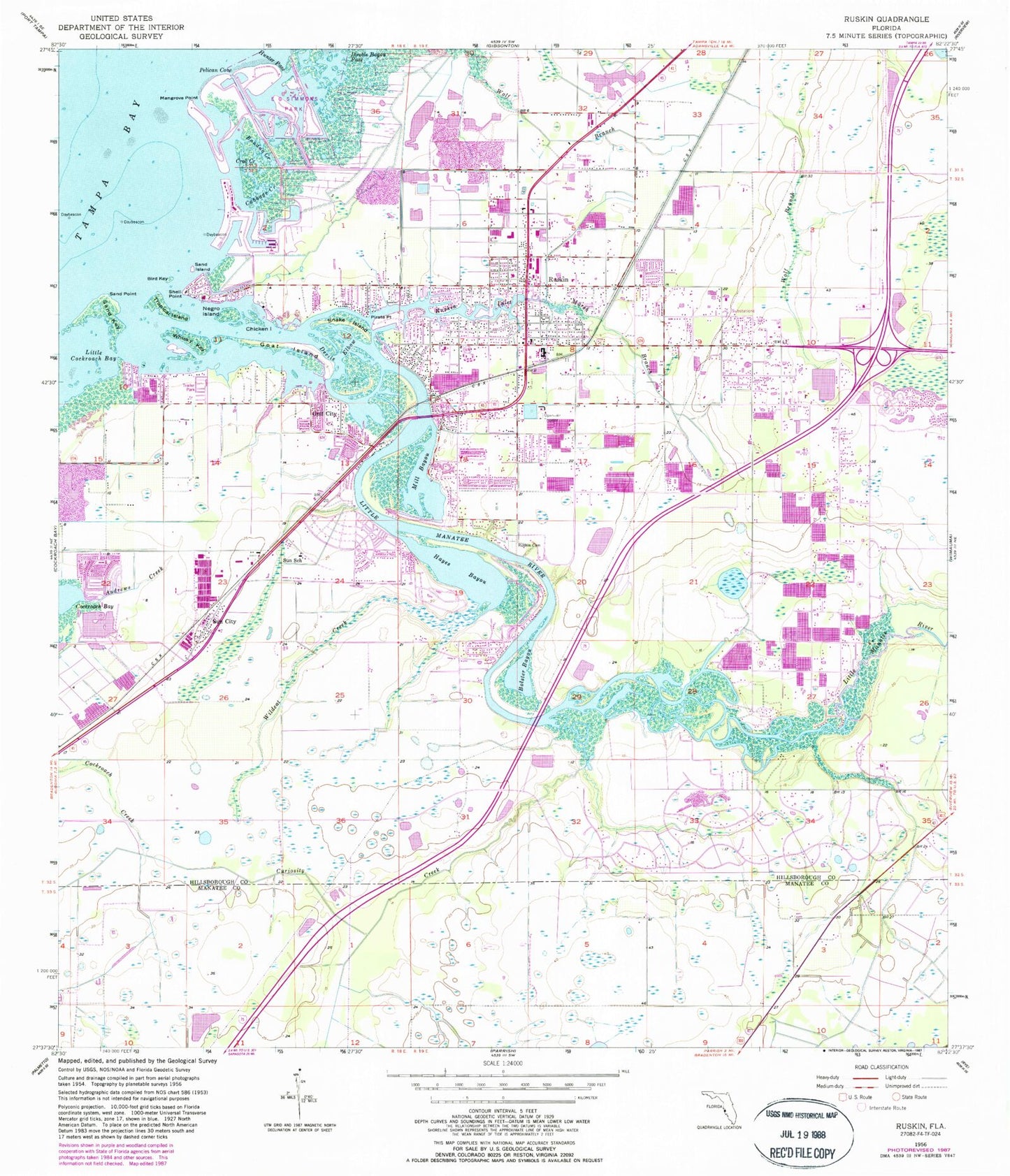 Classic USGS Ruskin Florida 7.5'x7.5' Topo Map Image