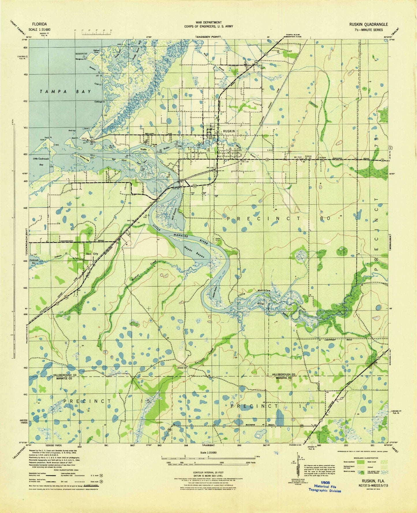 Classic USGS Ruskin Florida 7.5'x7.5' Topo Map Image