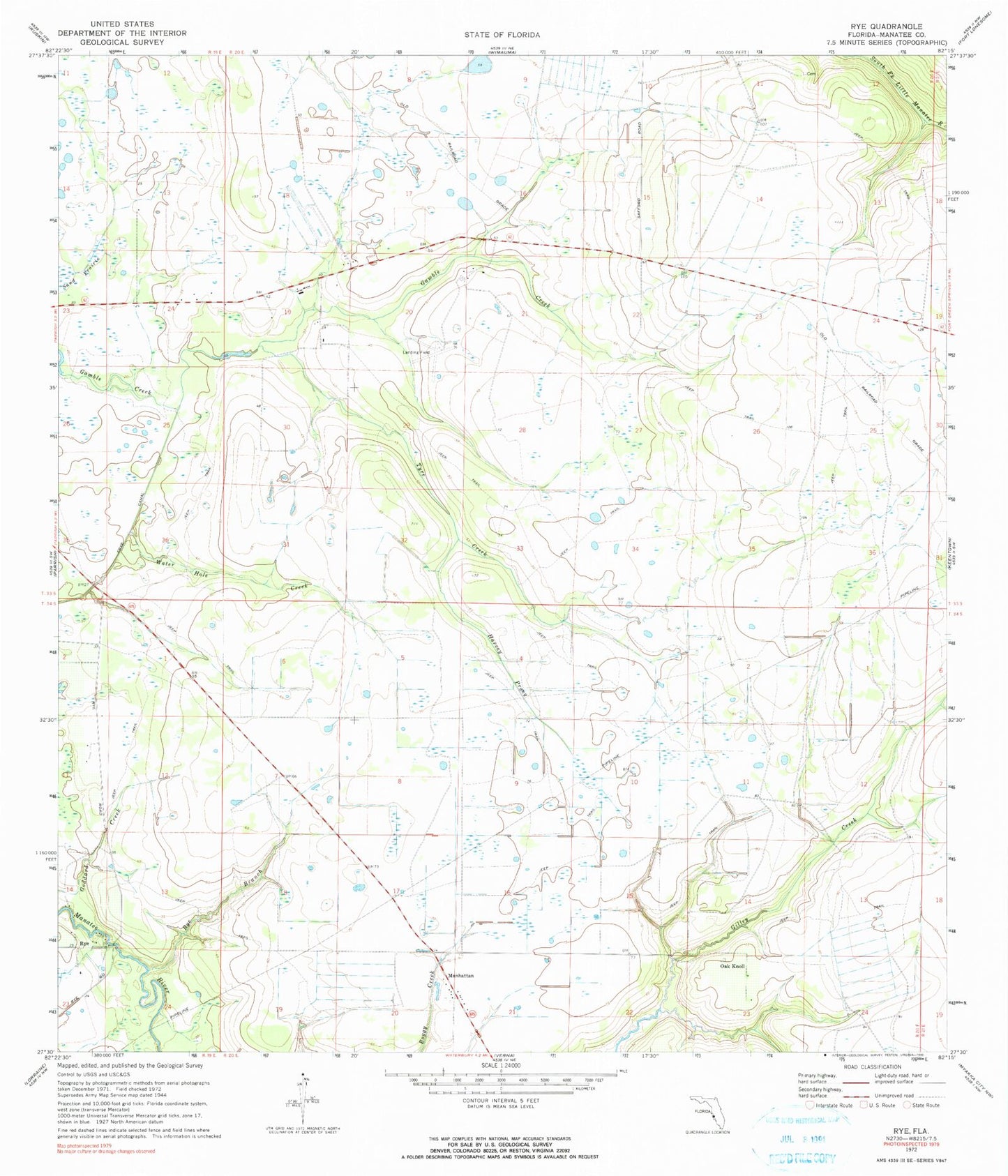 Classic USGS Rye Florida 7.5'x7.5' Topo Map Image
