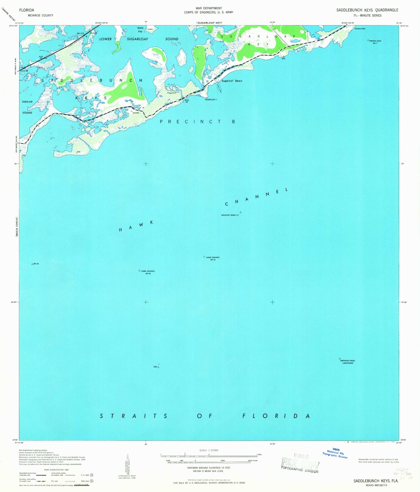 Classic USGS Saddlebunch Keys Florida 7.5'x7.5' Topo Map Image