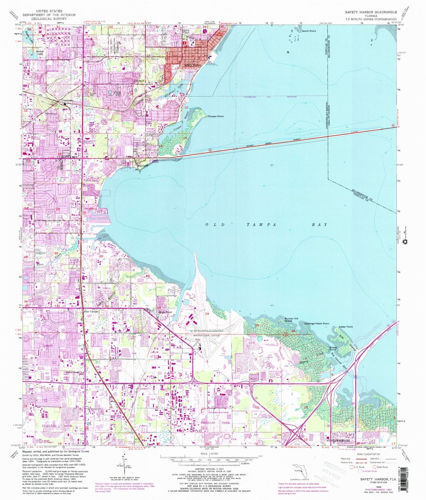 Classic USGS Safety Harbor Florida 7.5'x7.5' Topo Map Image
