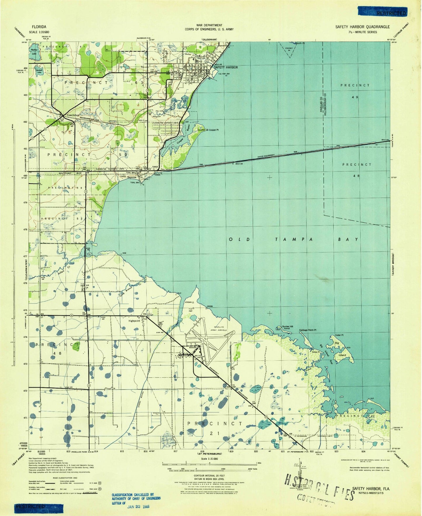 Classic USGS Safety Harbor Florida 7.5'x7.5' Topo Map Image