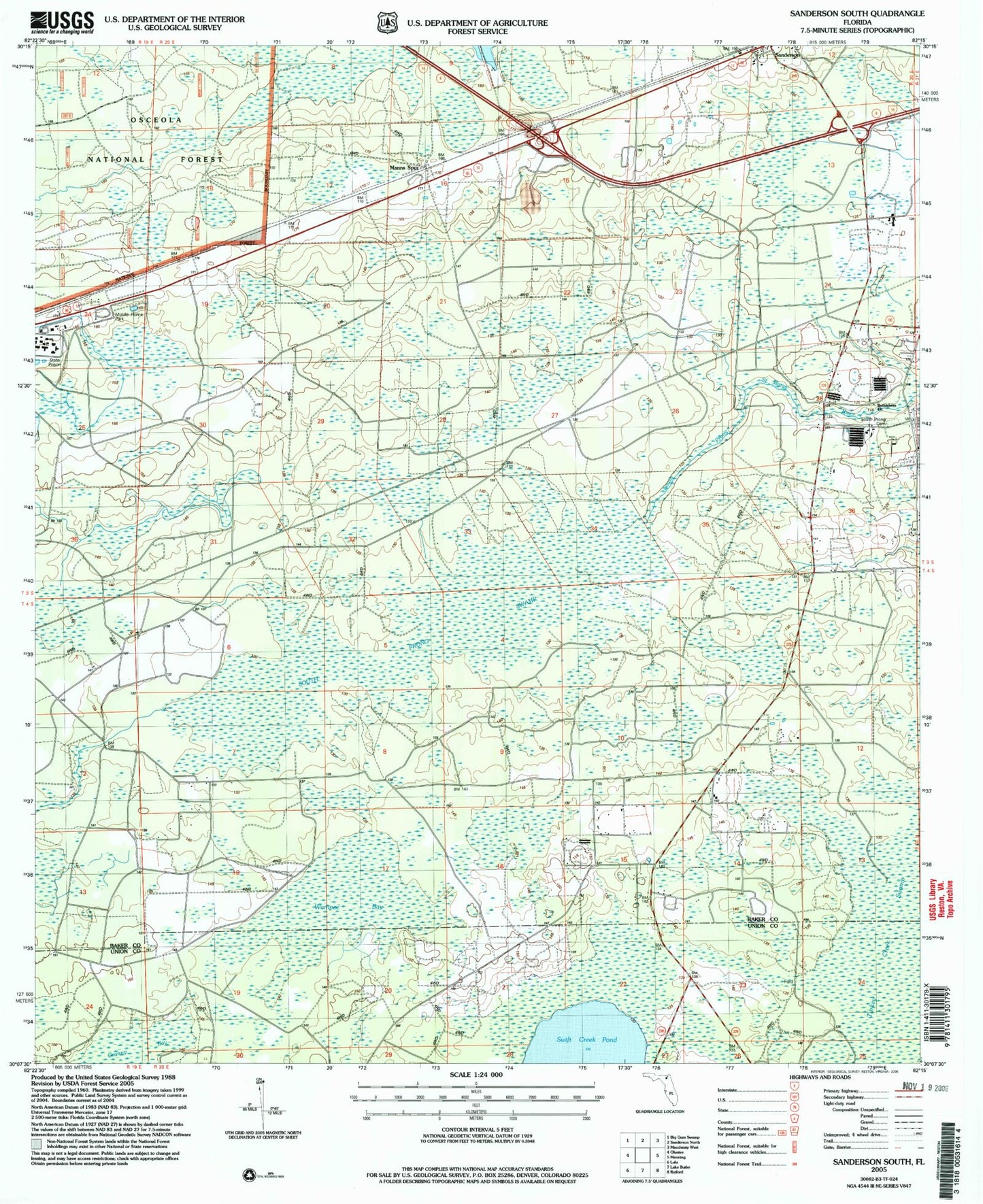 Classic USGS Sanderson South Florida 7.5'x7.5' Topo Map Image
