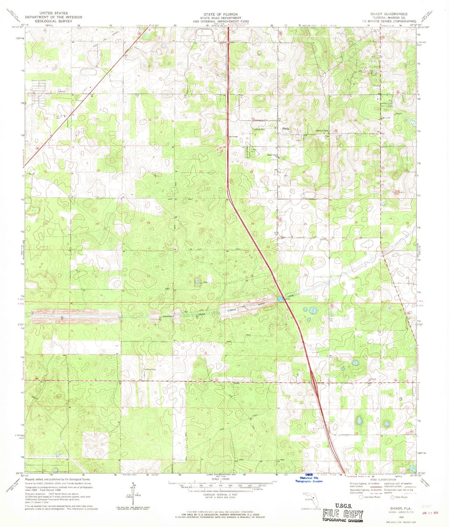 Classic USGS Shady Florida 7.5'x7.5' Topo Map Image