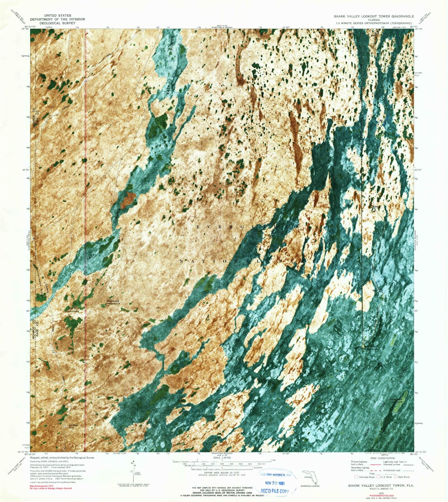 Classic USGS Shark Valley Lookout Tower Florida 7.5'x7.5' Topo Map Image