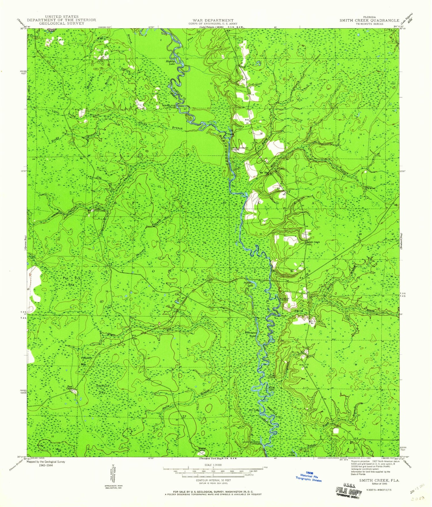 Classic USGS Smith Creek Florida 7.5'x7.5' Topo Map Image
