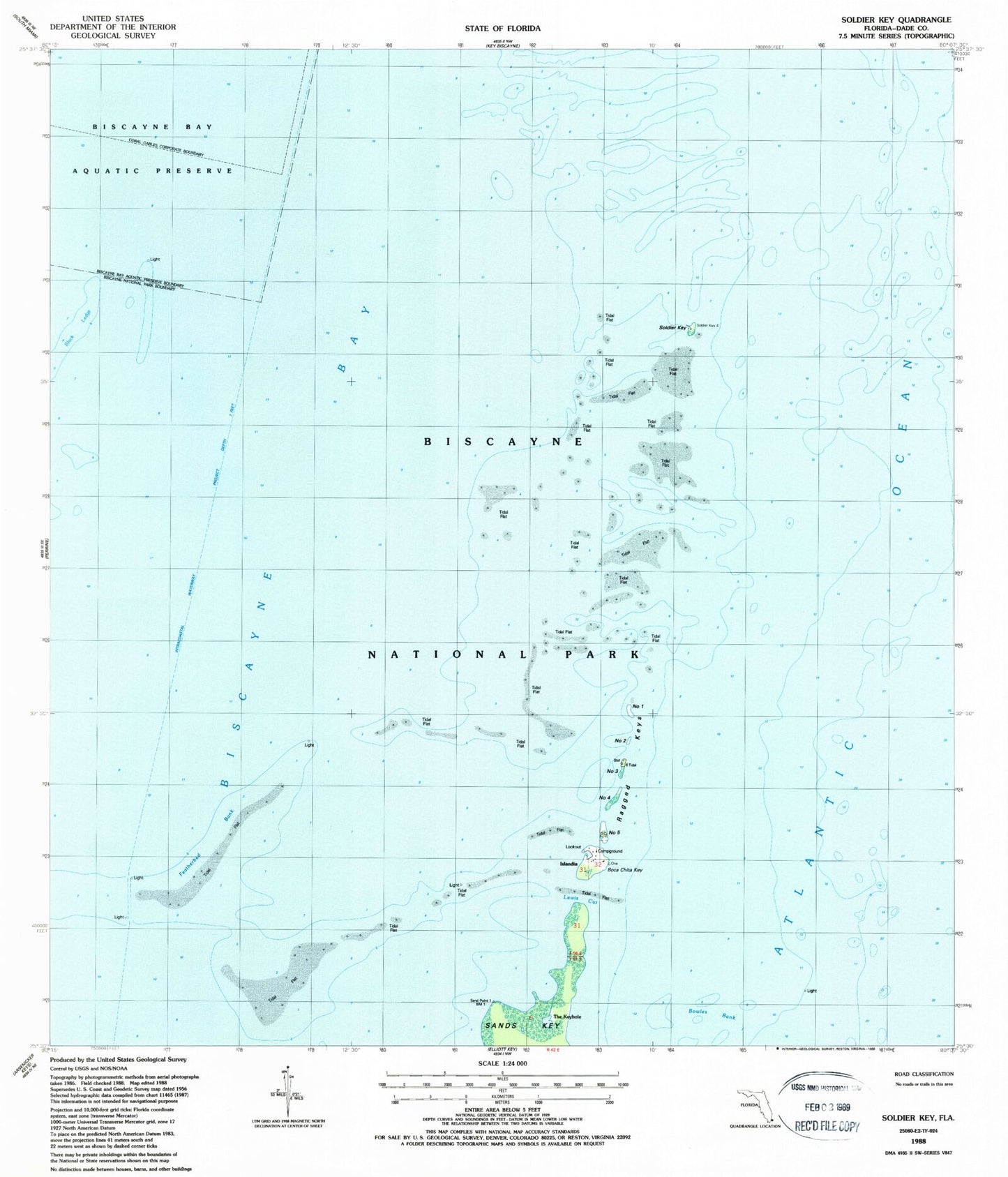 Classic USGS Soldier Key Florida 7.5'x7.5' Topo Map Image