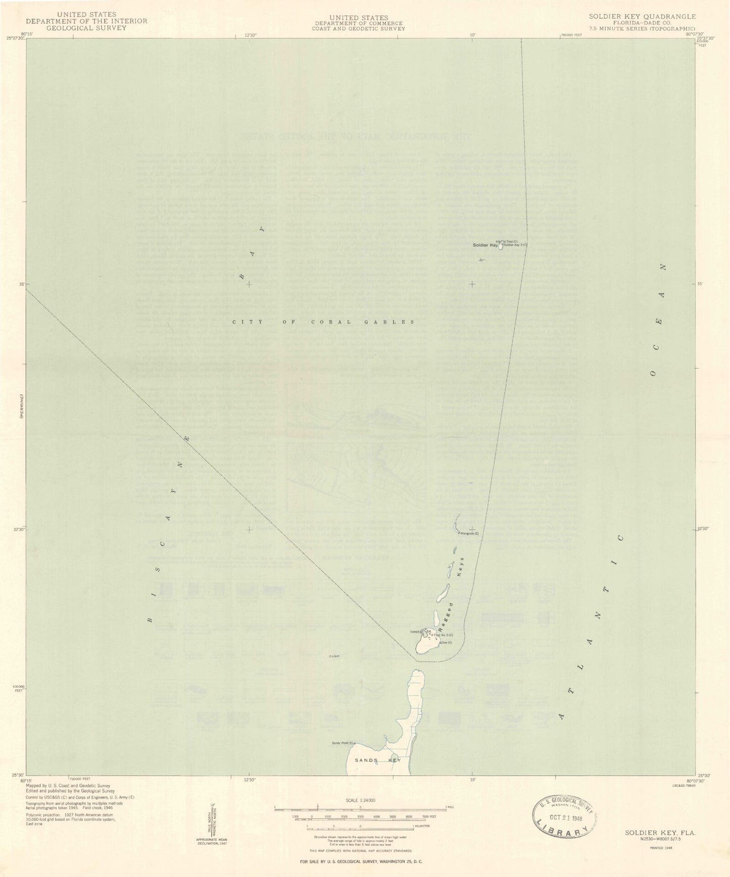 Classic USGS Soldier Key Florida 7.5'x7.5' Topo Map Image