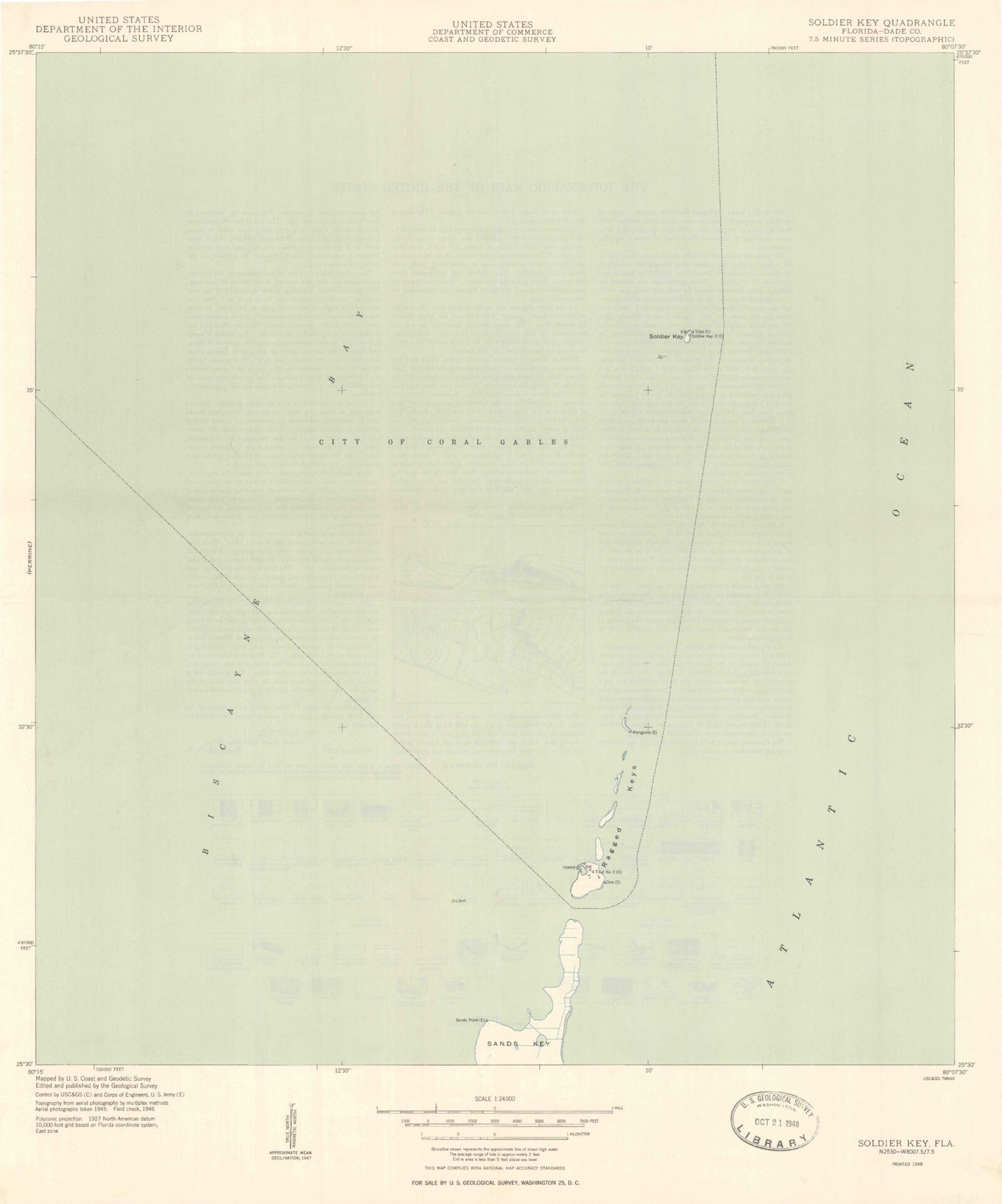 Classic USGS Soldier Key Florida 7.5'x7.5' Topo Map Image