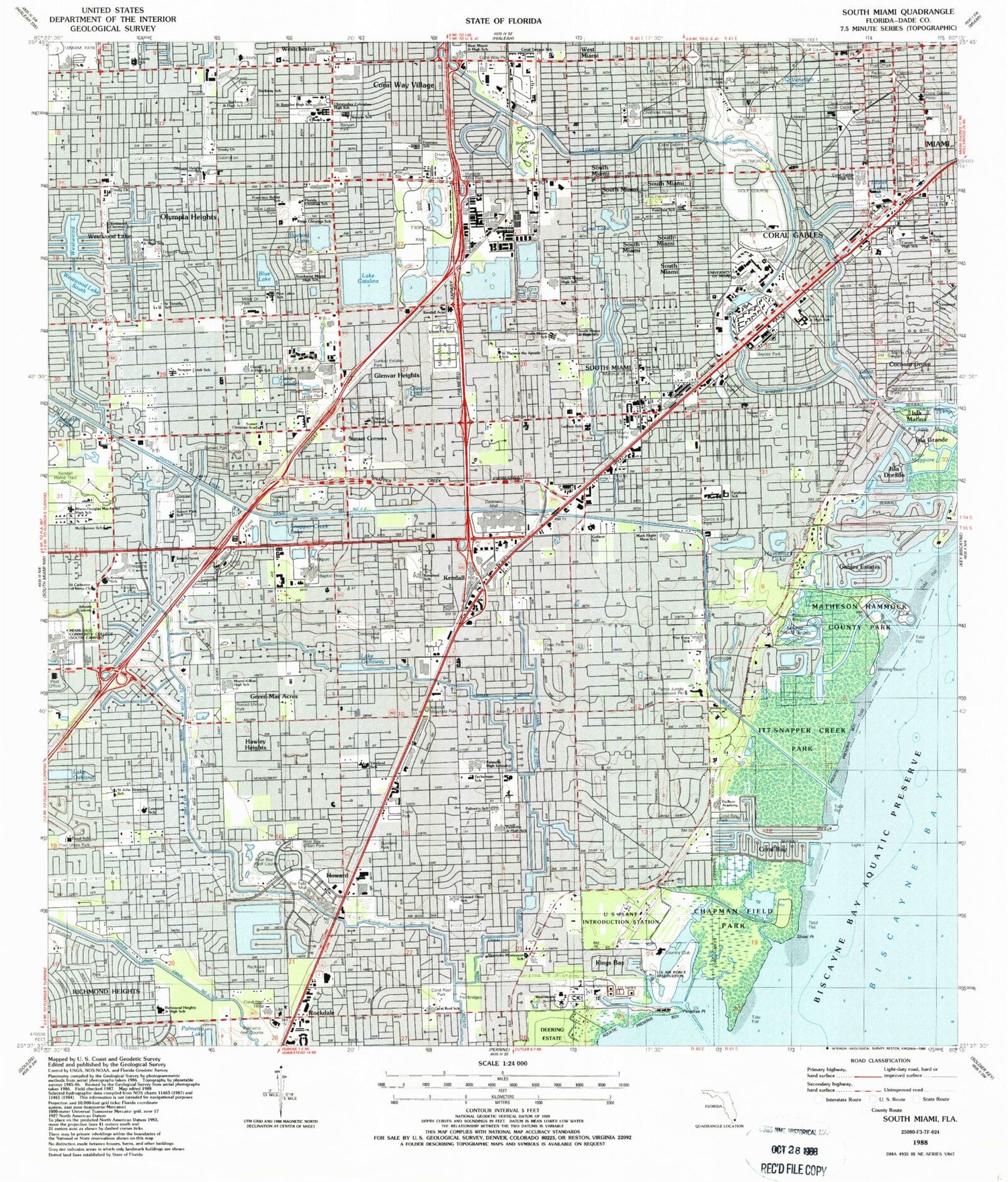 Classic USGS South Miami Florida 7.5'x7.5' Topo Map Image