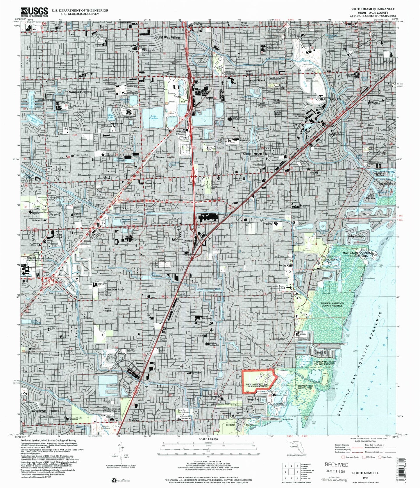Classic USGS South Miami Florida 7.5'x7.5' Topo Map Image