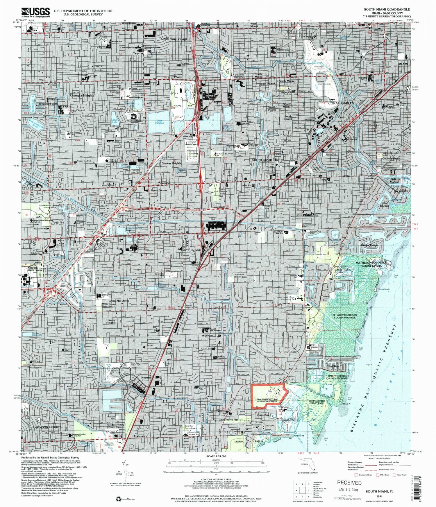 Classic USGS South Miami Florida 7.5'x7.5' Topo Map Image
