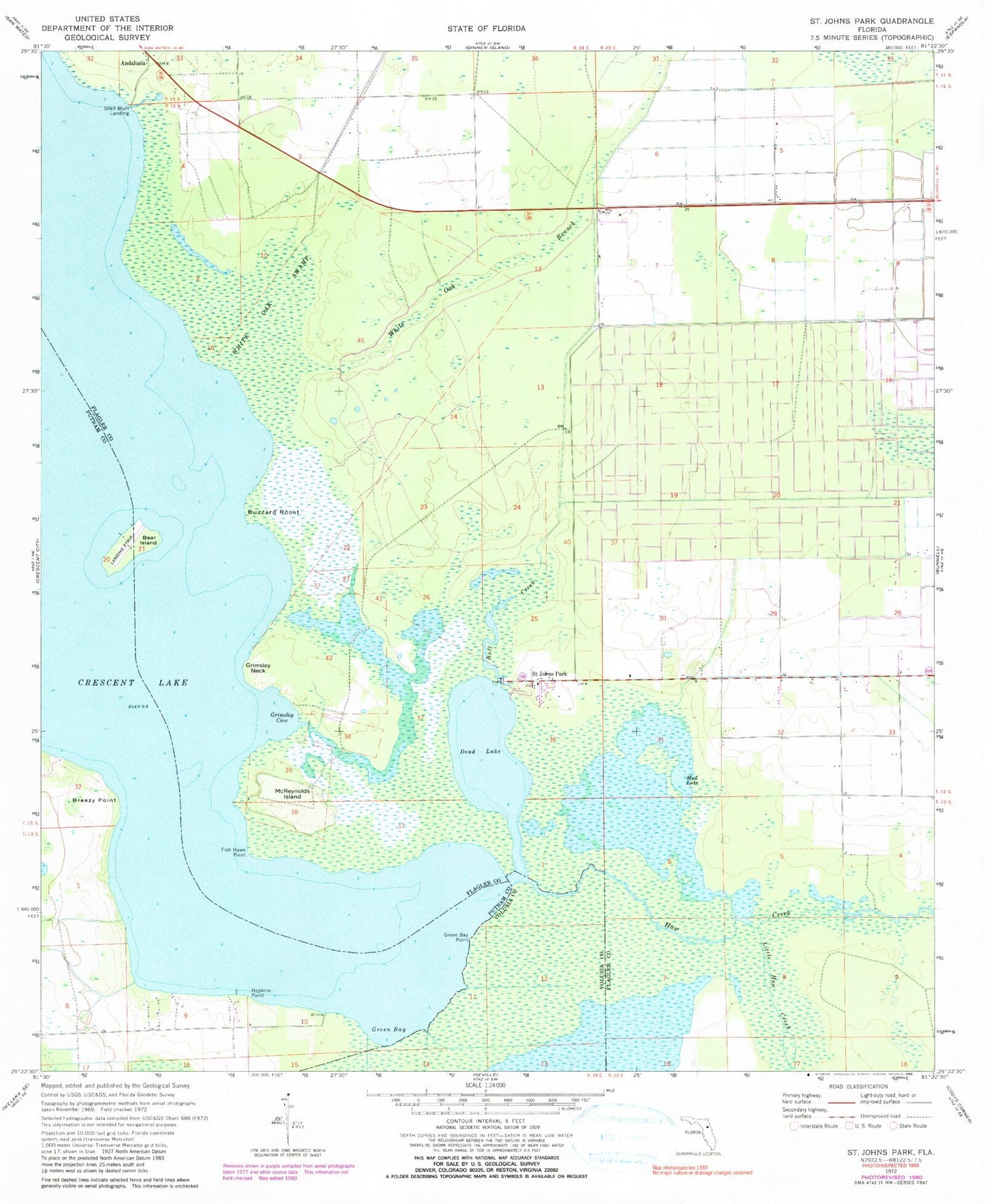 Classic USGS Saint Johns Park Florida 7.5'x7.5' Topo Map Image