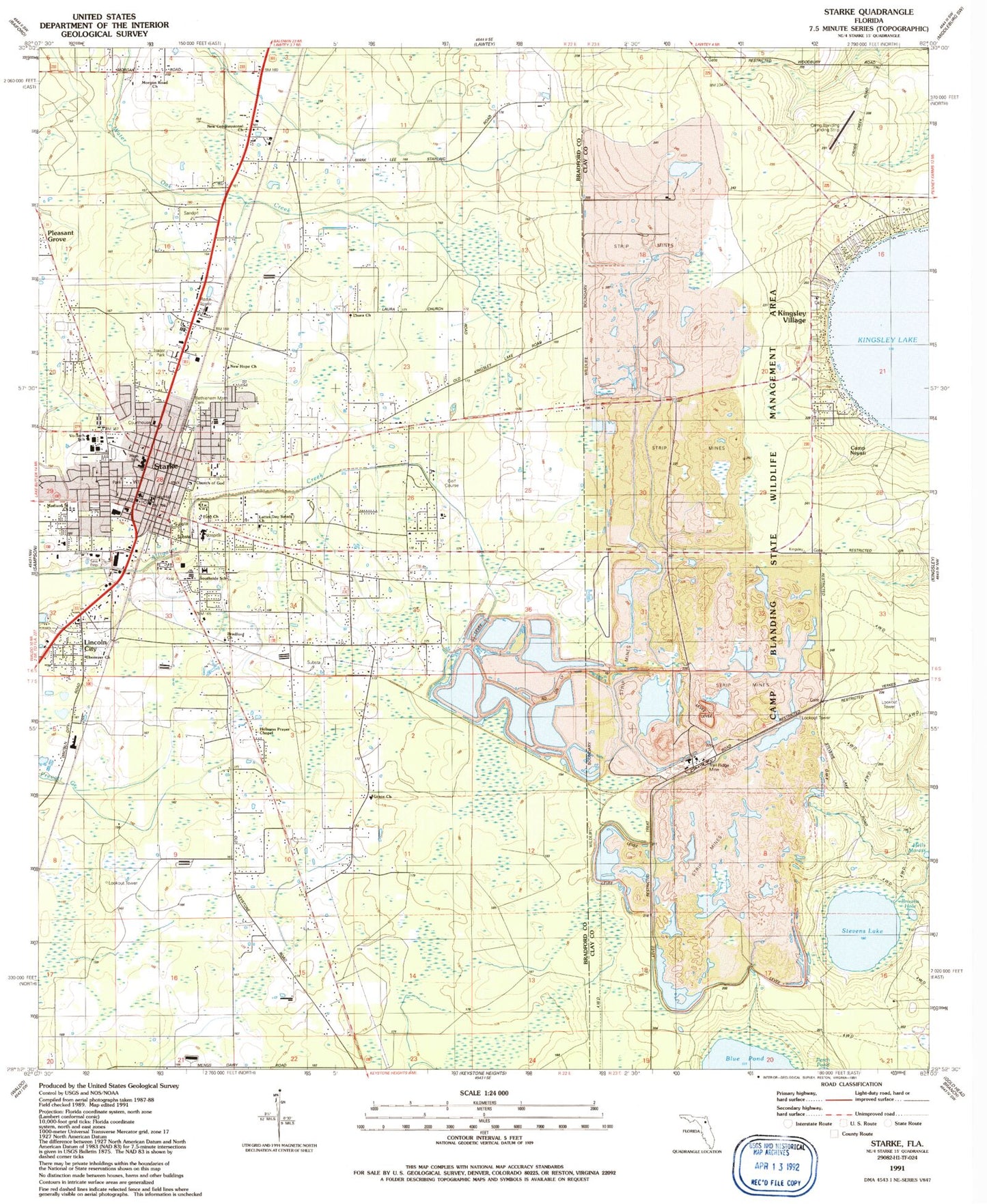 Classic USGS Starke Florida 7.5'x7.5' Topo Map Image