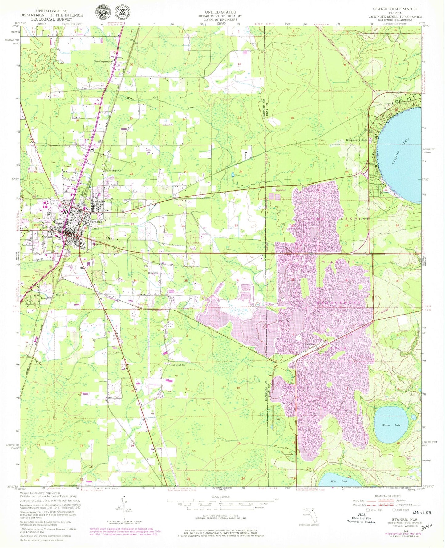 Classic USGS Starke Florida 7.5'x7.5' Topo Map Image