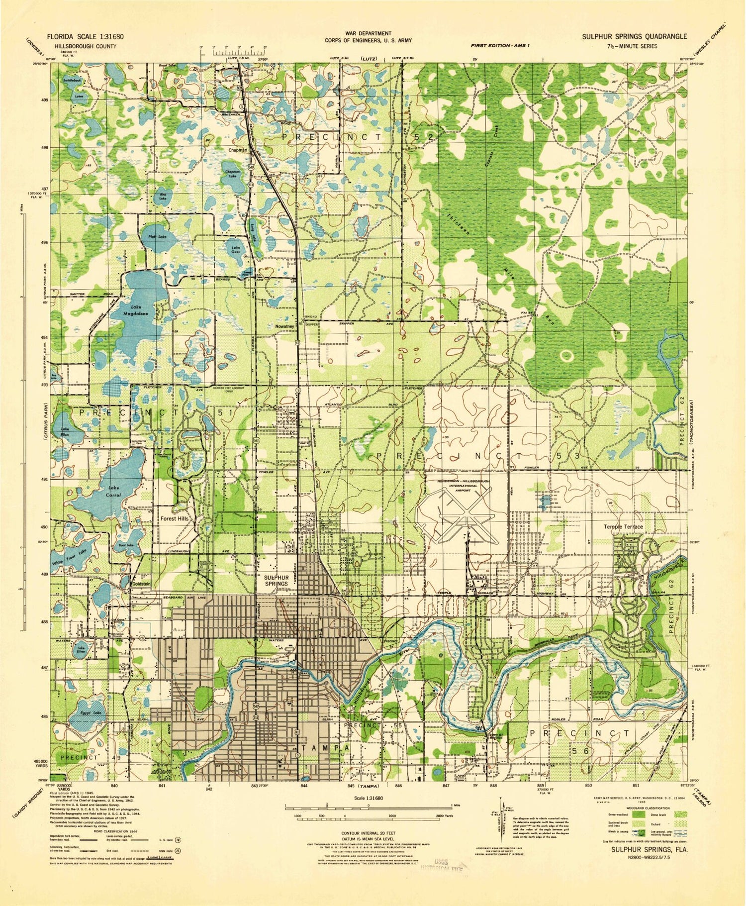 Classic USGS Sulphur Springs Florida 7.5'x7.5' Topo Map Image