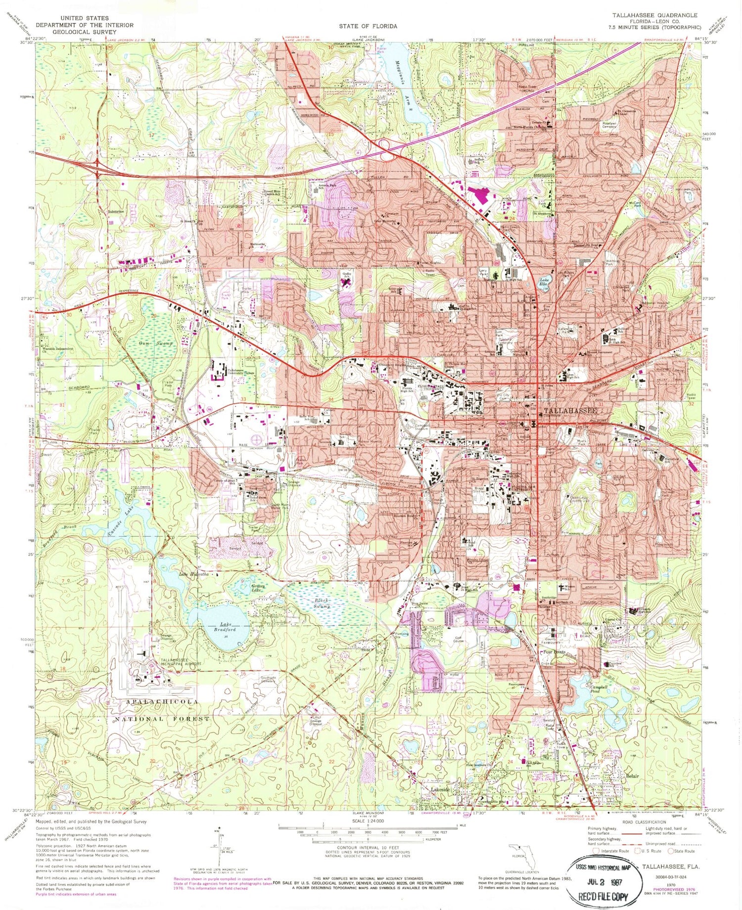 Classic USGS Tallahassee Florida 7.5'x7.5' Topo Map Image