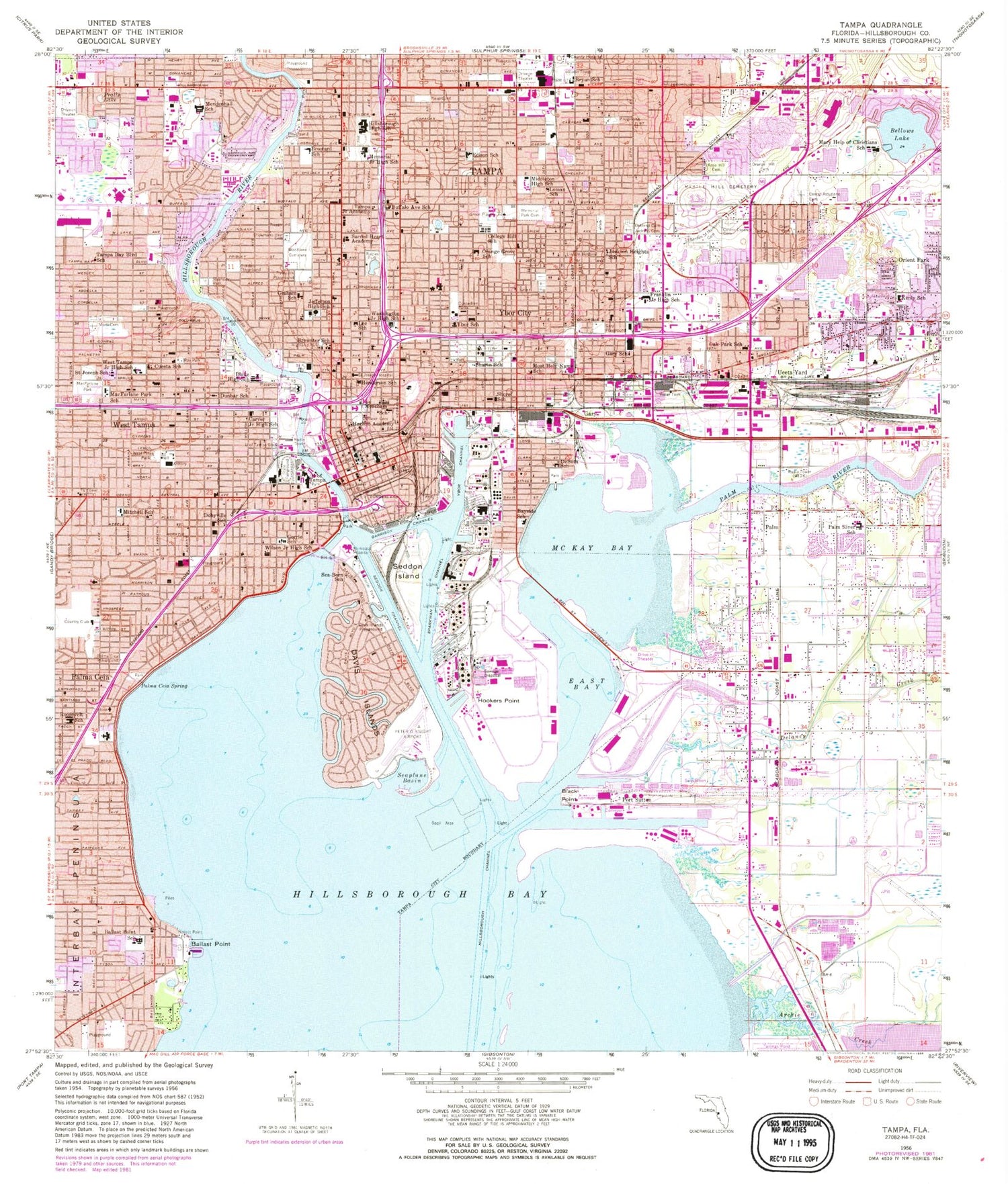 Classic USGS Tampa Florida 7.5'x7.5' Topo Map Image