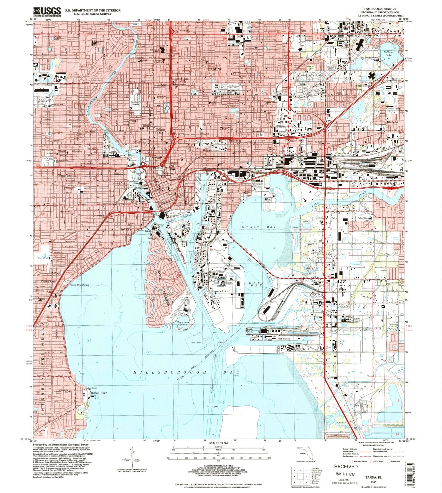 Classic USGS Tampa Florida 7.5'x7.5' Topo Map Image