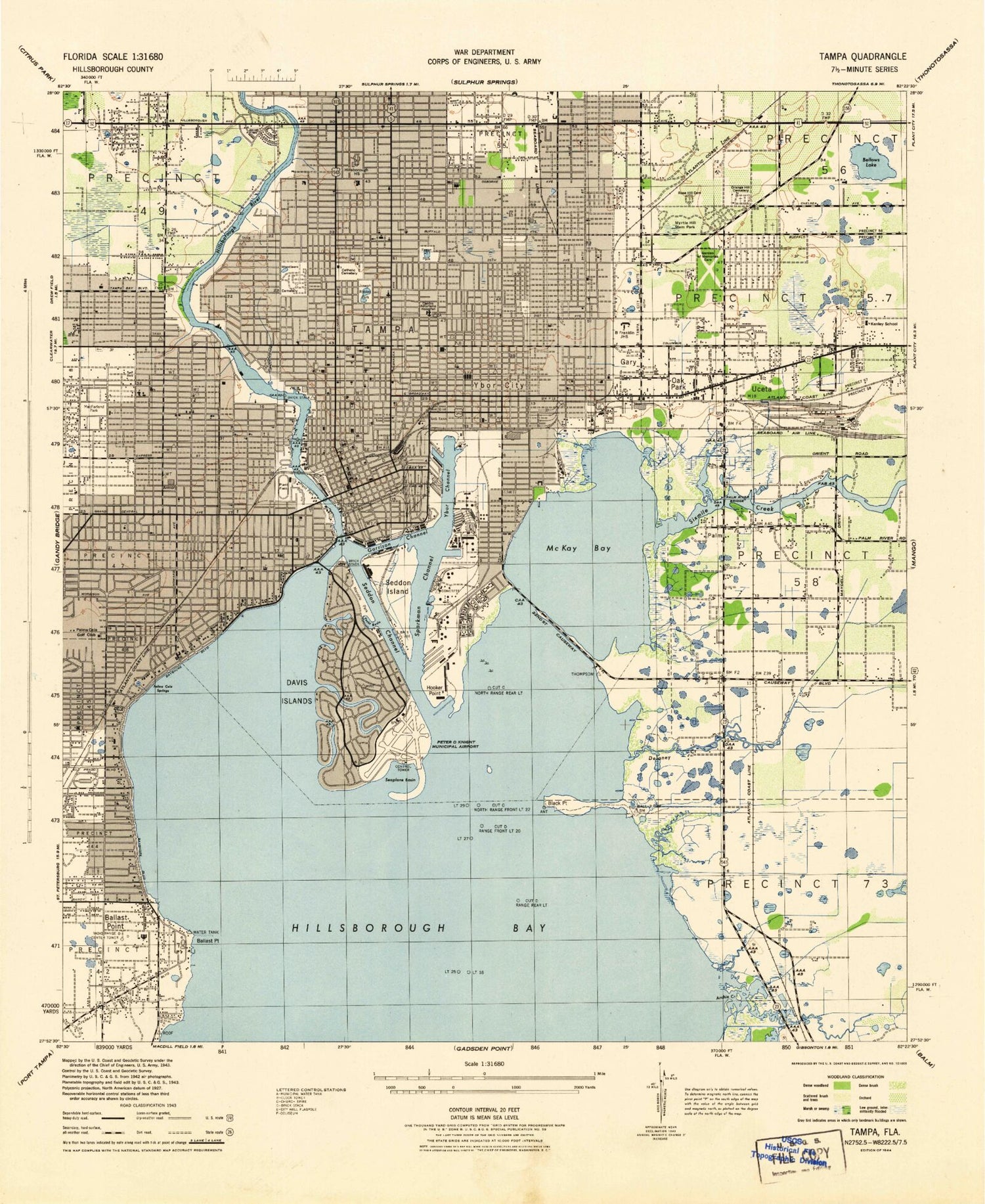 Classic USGS Tampa Florida 7.5'x7.5' Topo Map Image