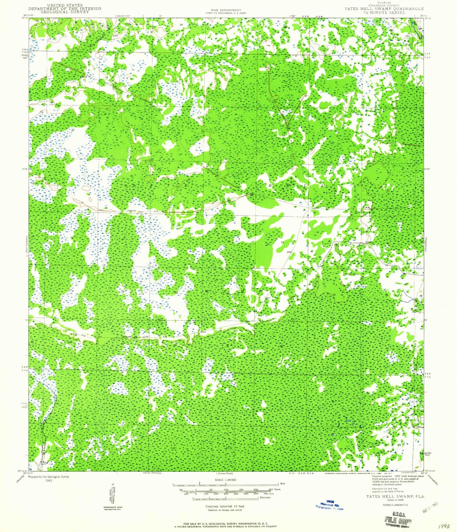 Classic USGS Tates Hell Swamp Florida 7.5'x7.5' Topo Map Image
