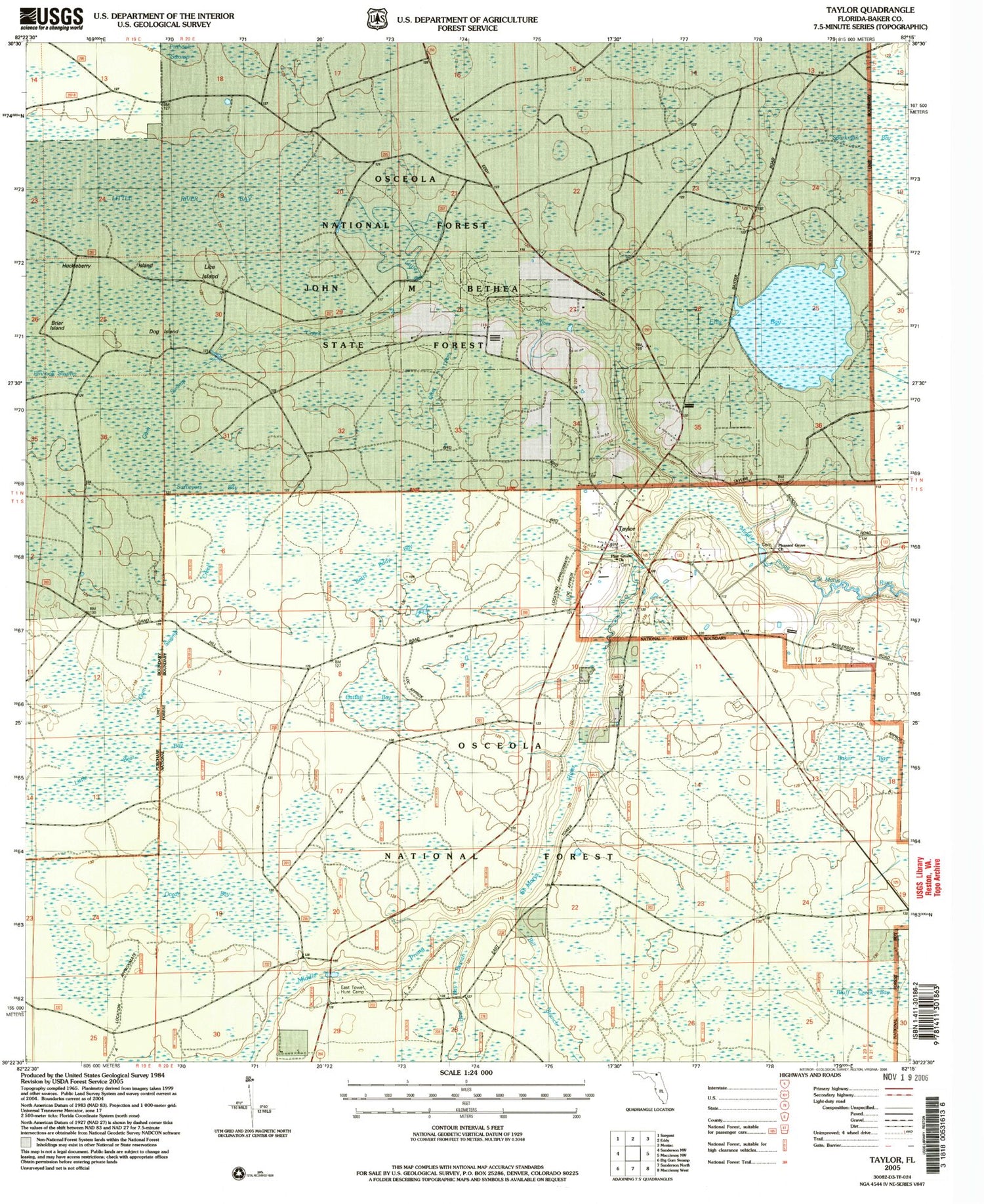 Classic USGS Taylor Florida 7.5'x7.5' Topo Map Image