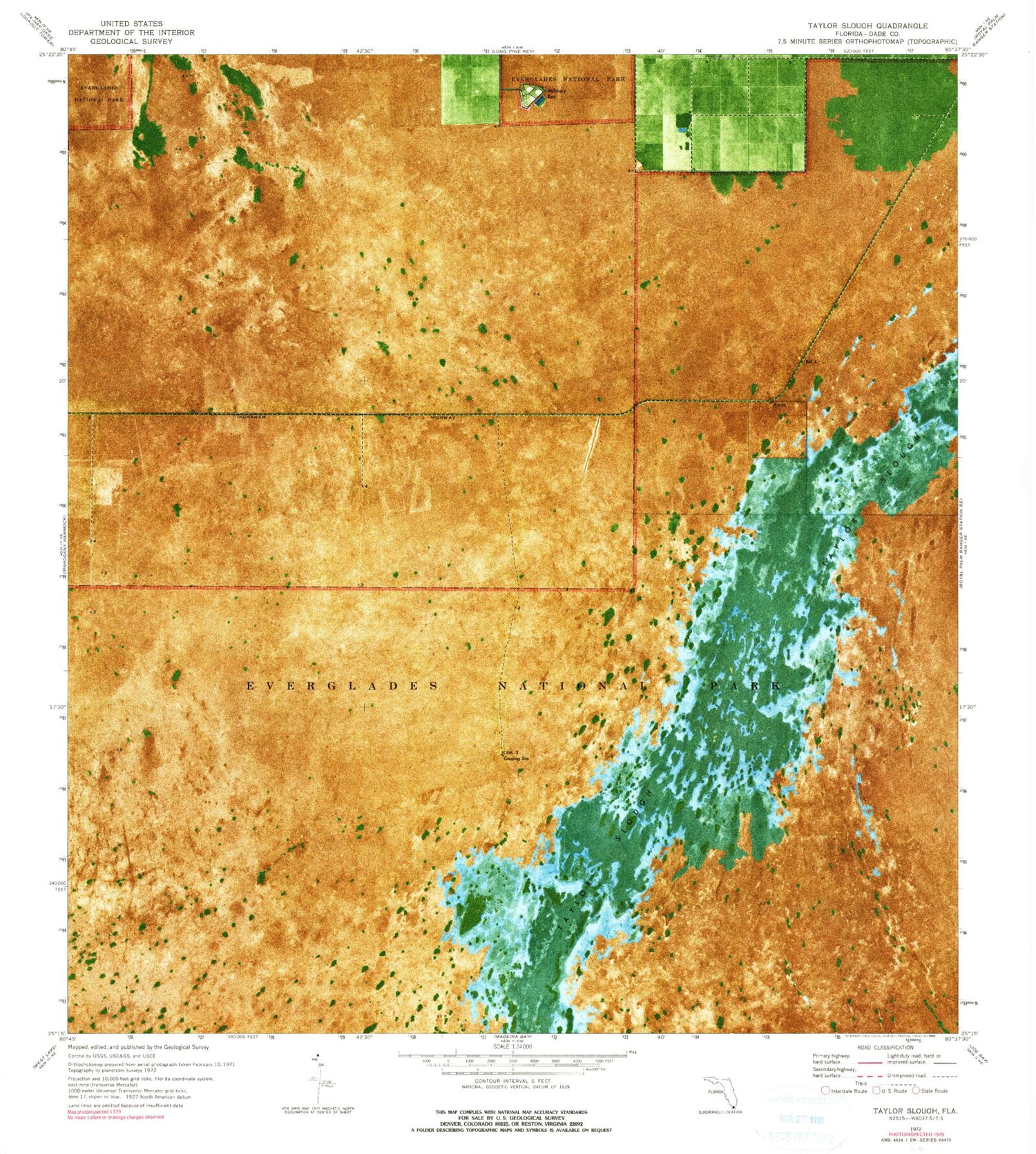 Classic USGS Taylor Slough Florida 7.5'x7.5' Topo Map Image