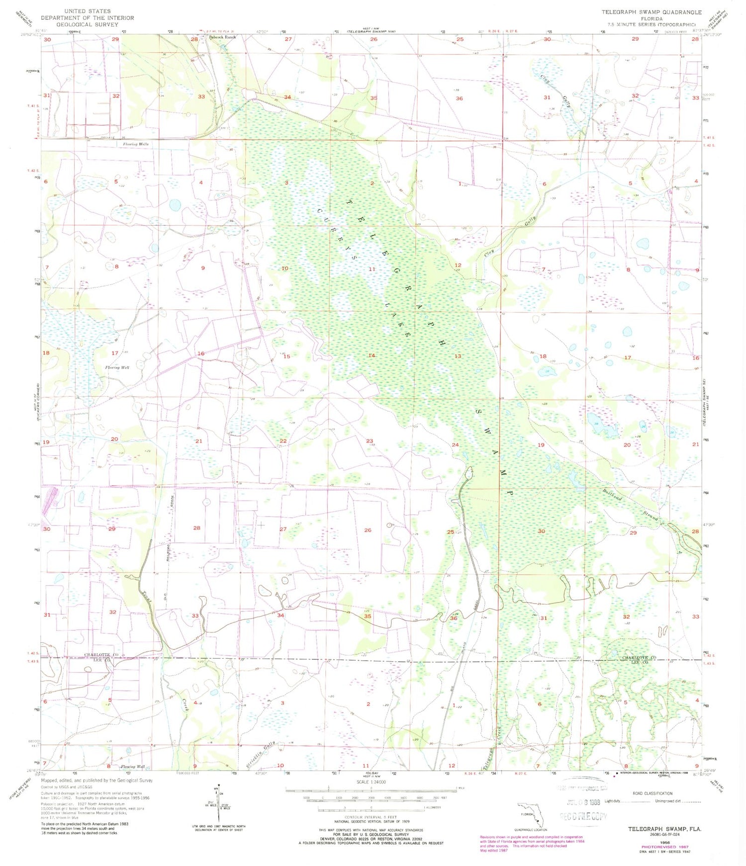 Classic USGS Telegraph Swamp Florida 7.5'x7.5' Topo Map Image