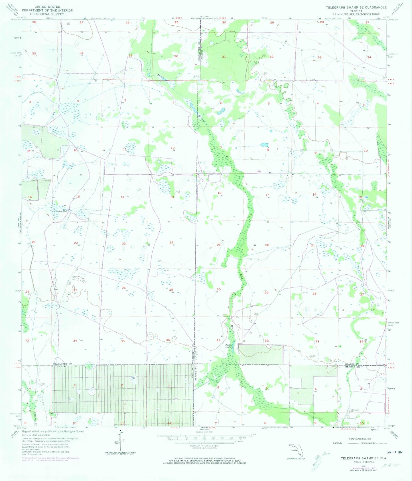 Classic USGS Telegraph Swamp SE Florida 7.5'x7.5' Topo Map Image