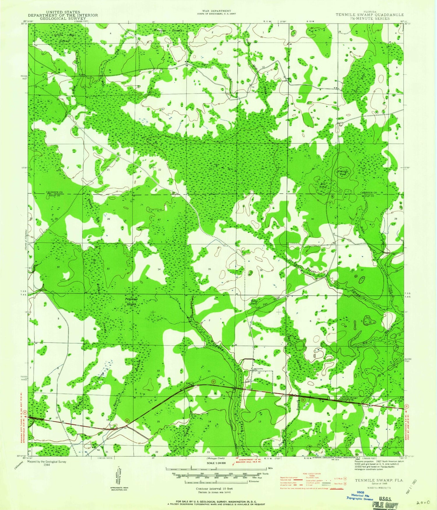 Classic USGS Tenmile Swamp Florida 7.5'x7.5' Topo Map Image