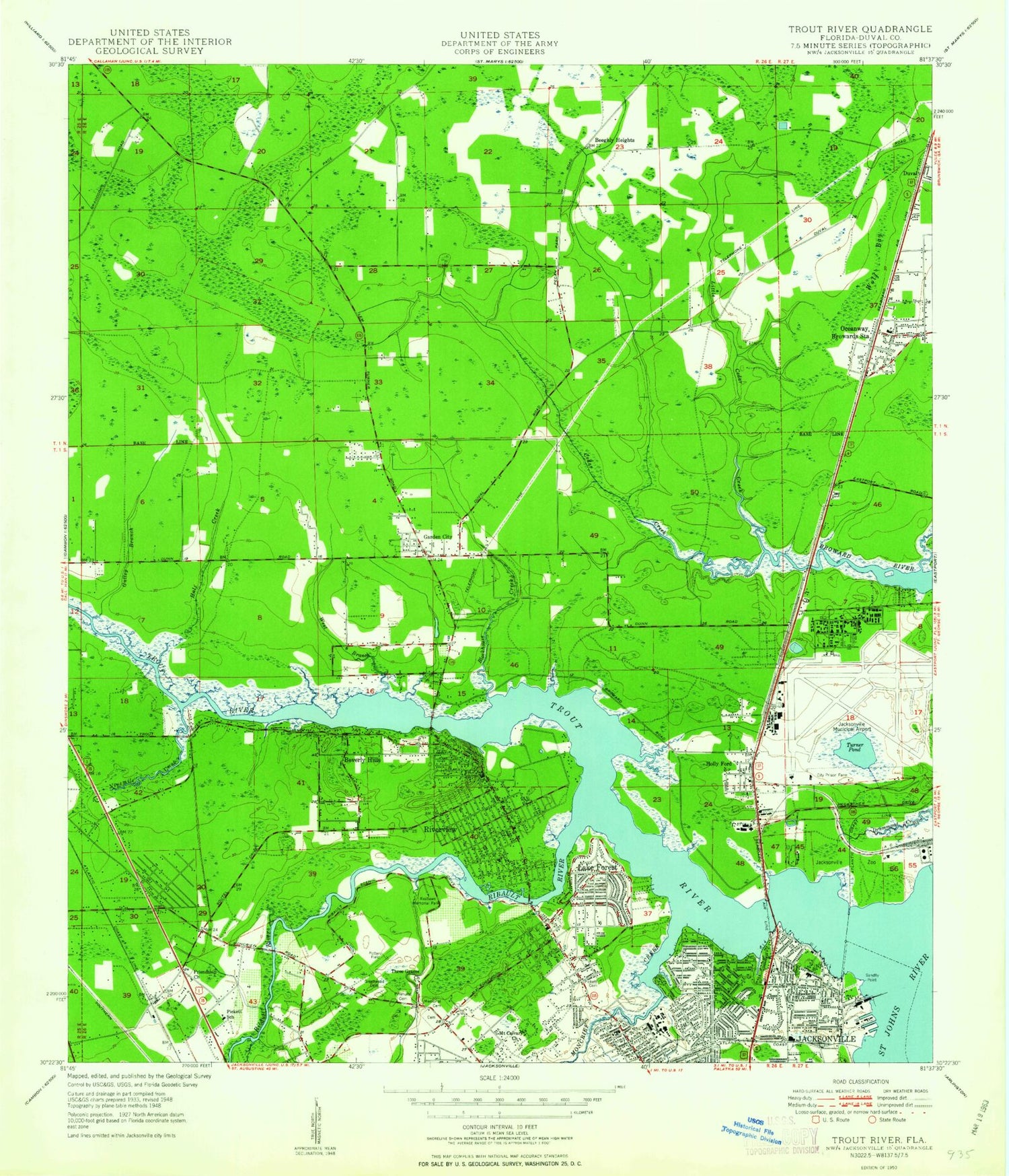 Classic USGS Trout River Florida 7.5'x7.5' Topo Map Image