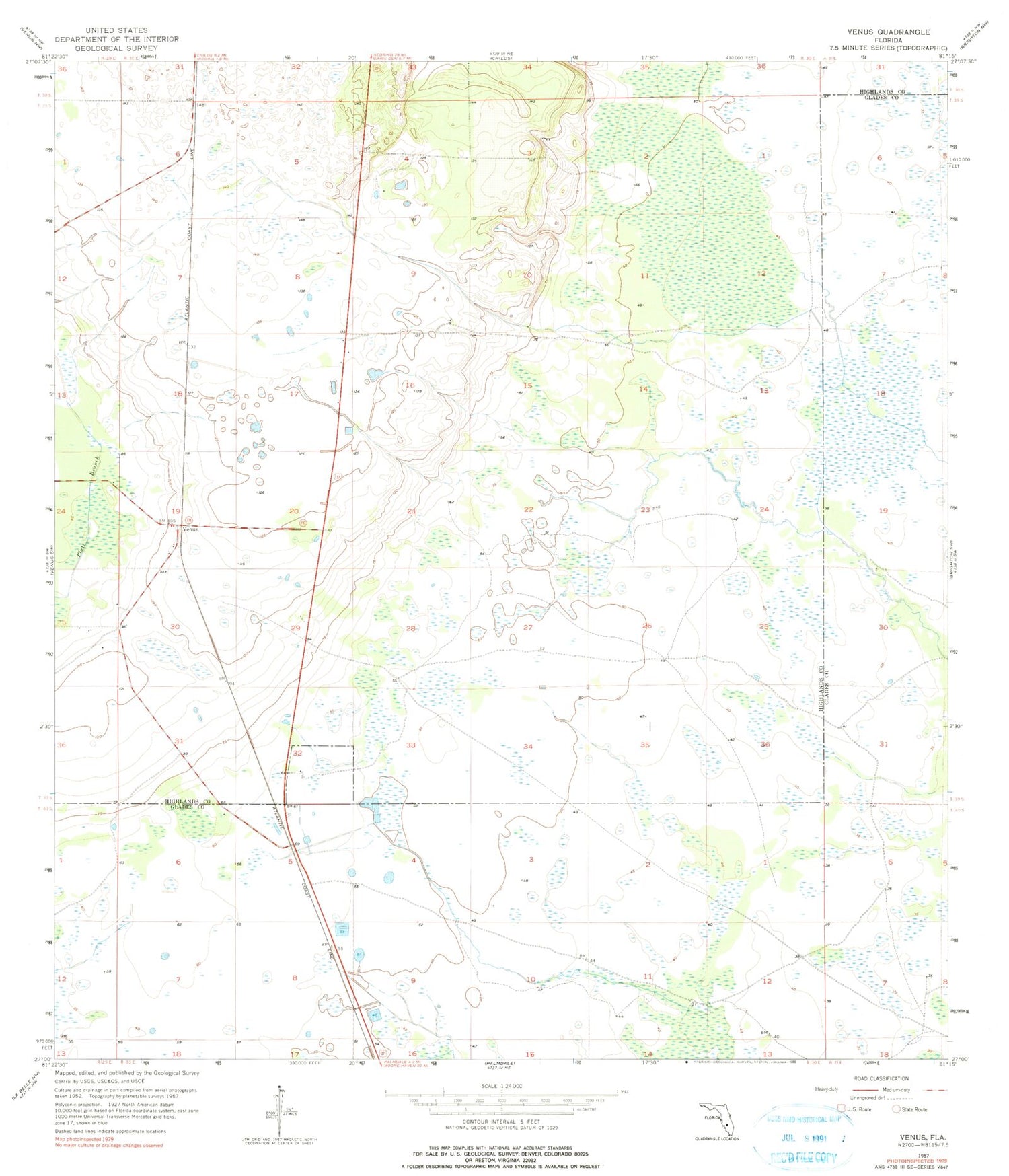 Classic USGS Venus Florida 7.5'x7.5' Topo Map Image
