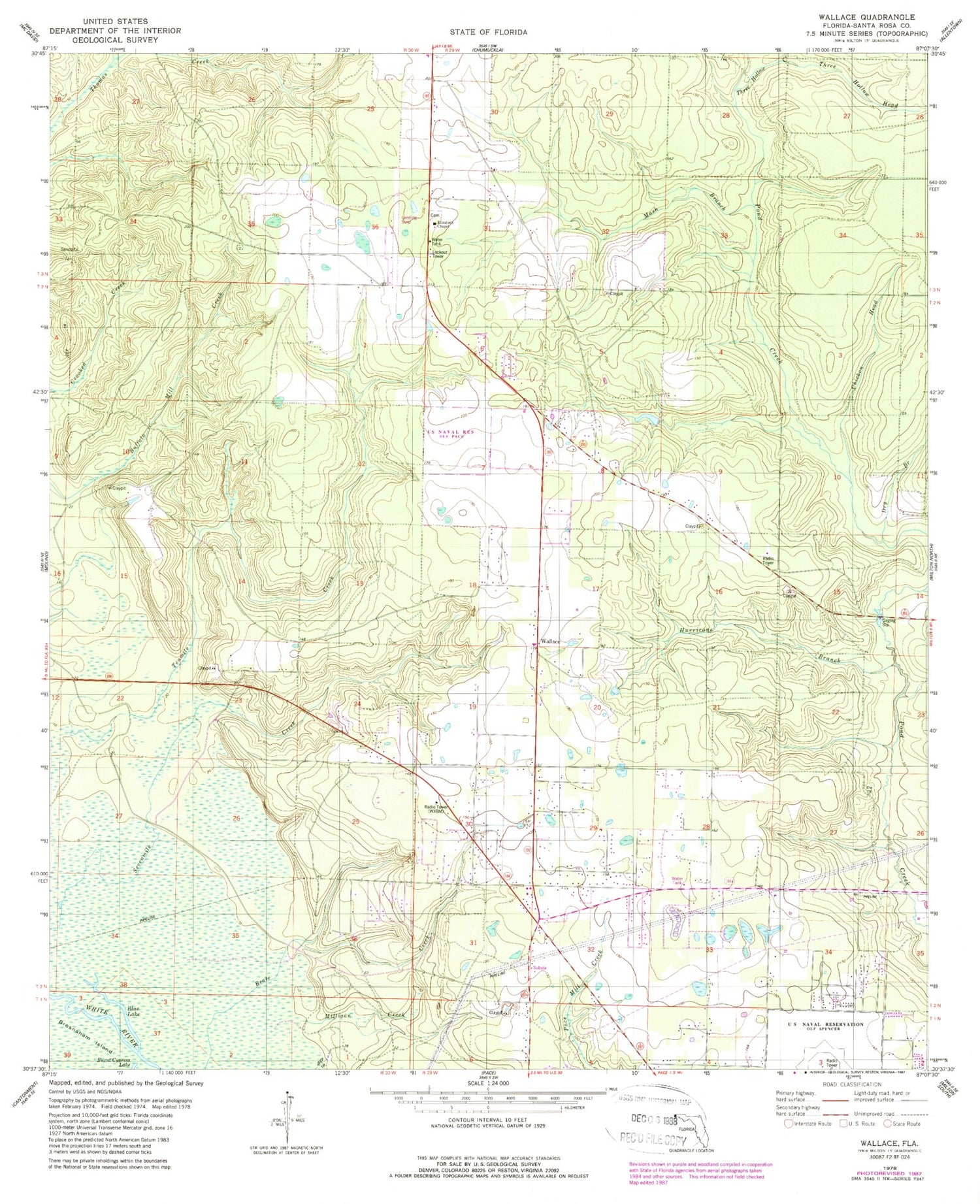 Classic USGS Wallace Florida 7.5'x7.5' Topo Map Image