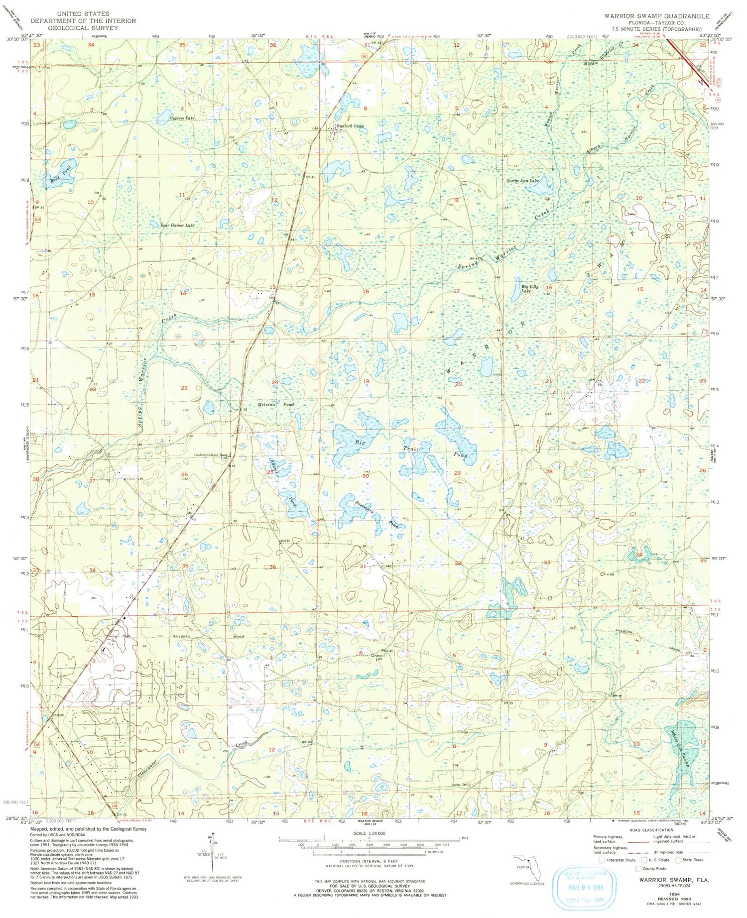 Classic USGS Warrior Swamp Florida 7.5'x7.5' Topo Map Image