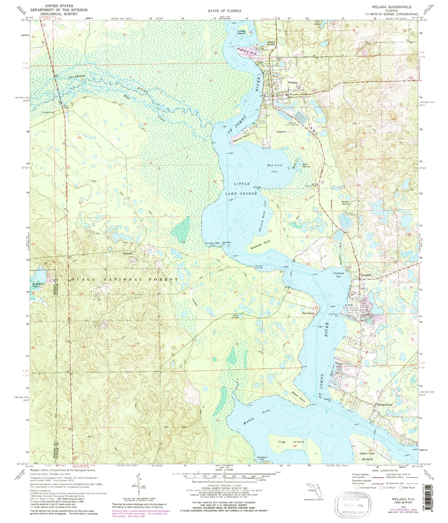 Classic USGS Welaka Florida 7.5'x7.5' Topo Map Image
