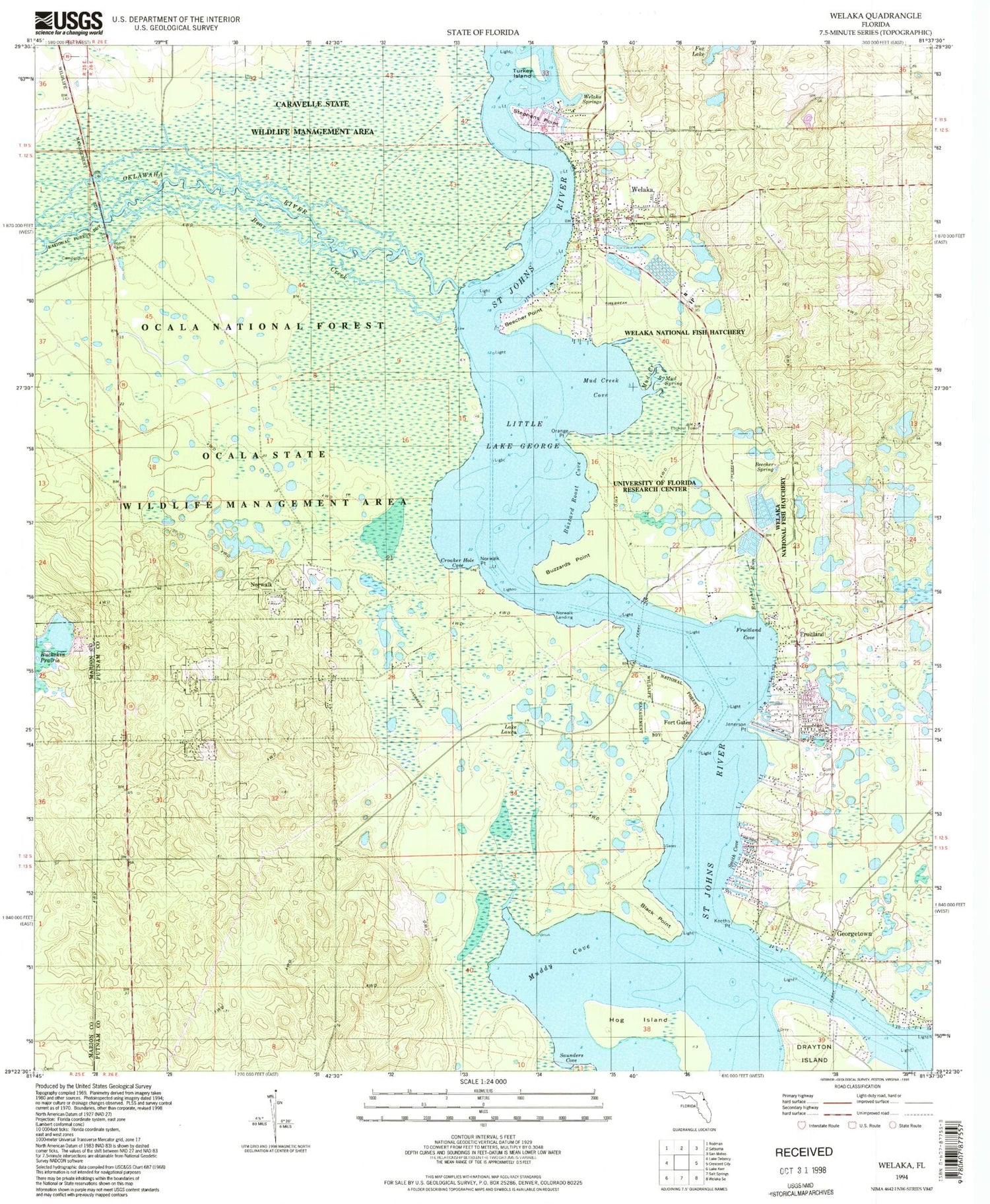 Classic USGS Welaka Florida 7.5'x7.5' Topo Map Image