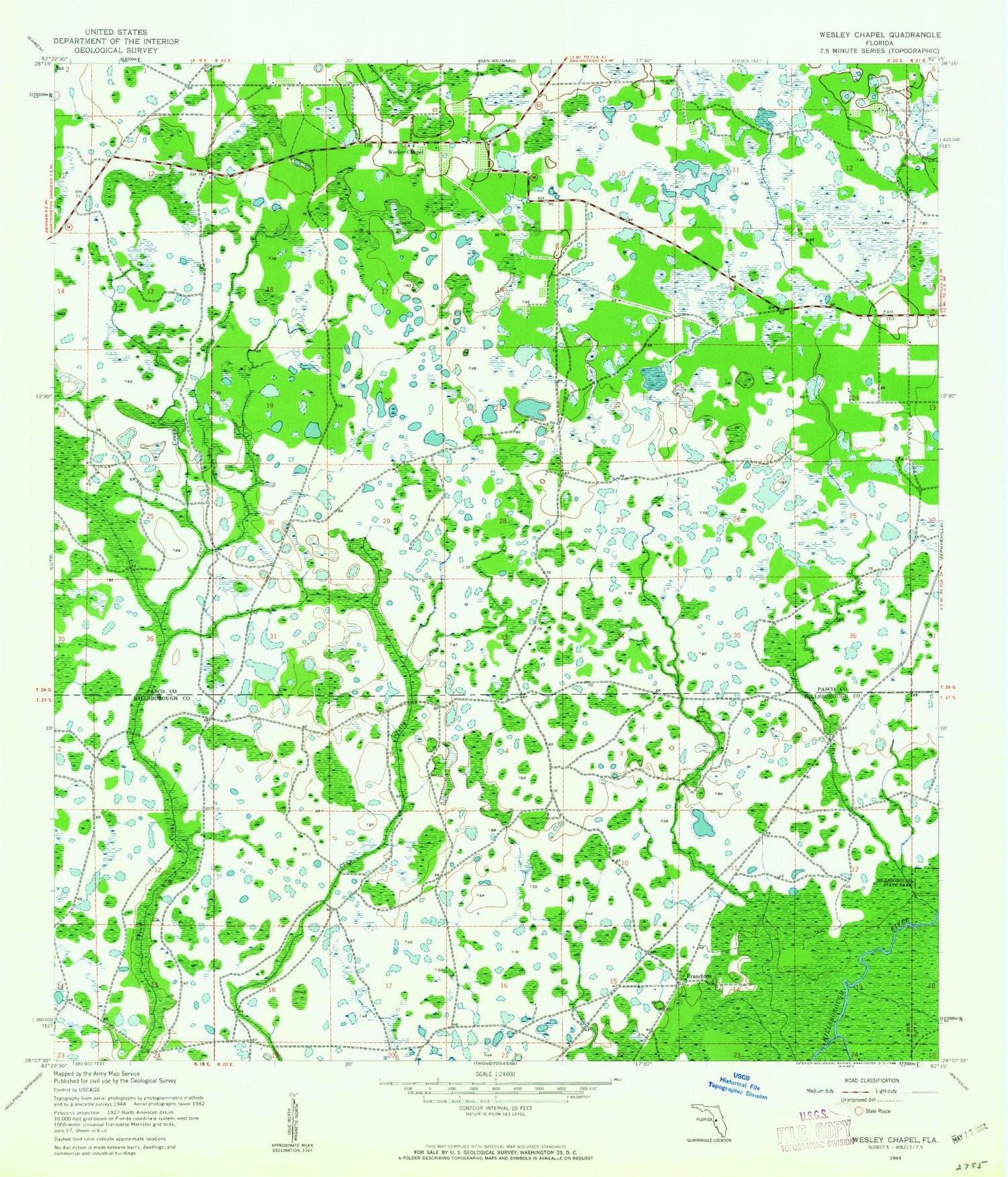 Classic USGS Wesley Chapel Florida 7.5'x7.5' Topo Map Image