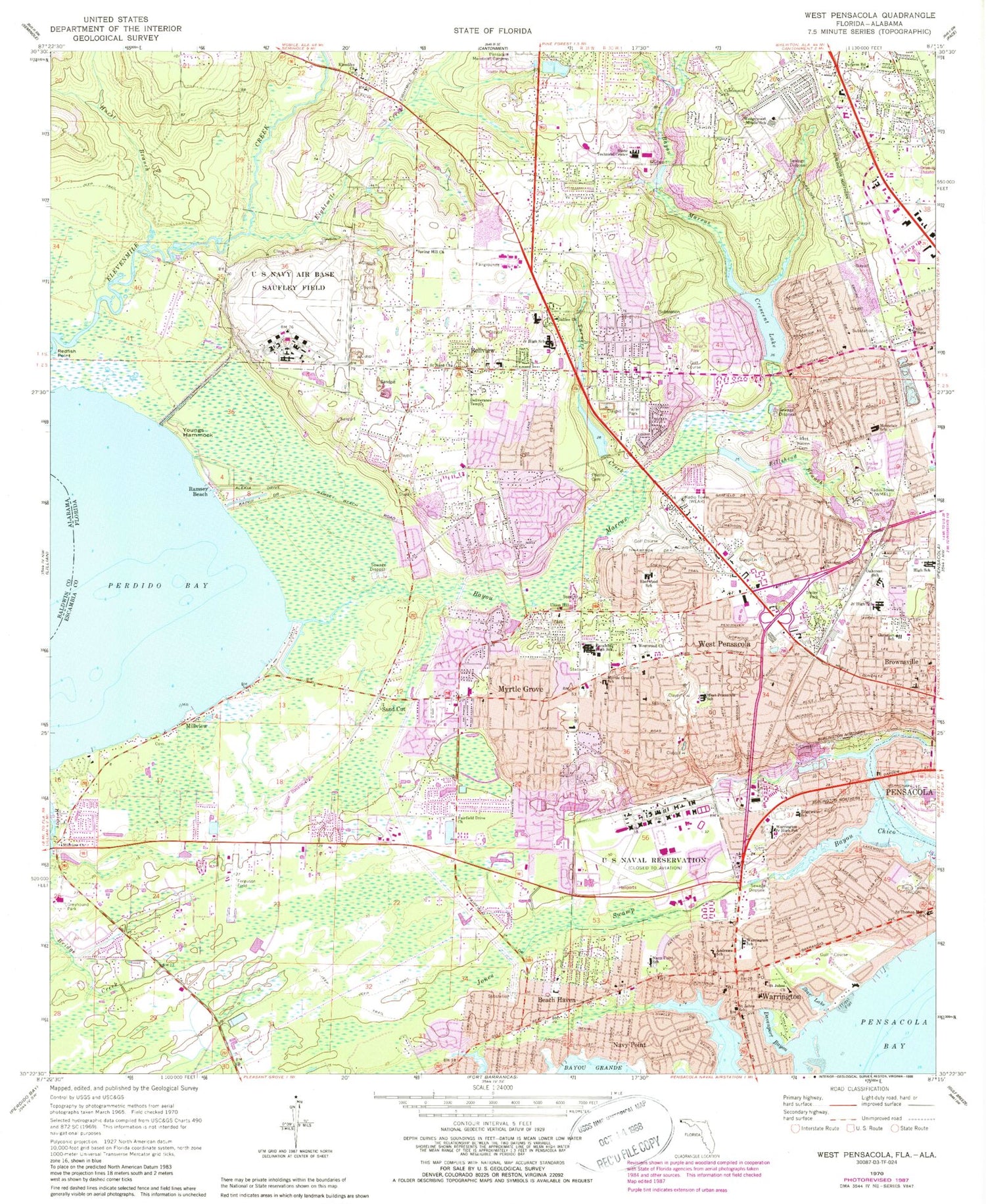 Classic USGS West Pensacola Florida 7.5'x7.5' Topo Map Image