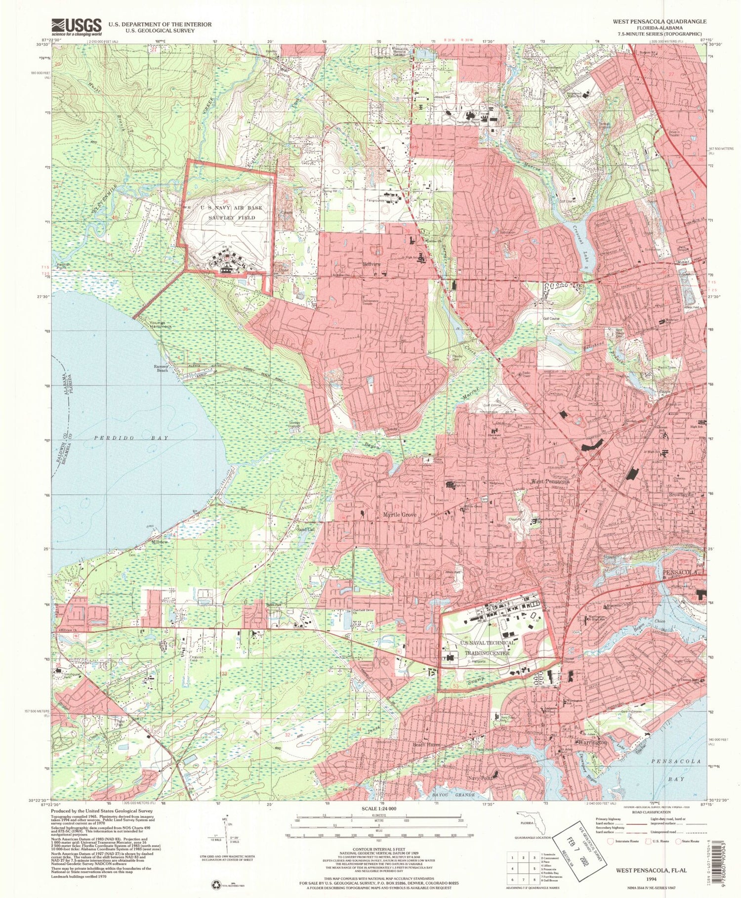 Classic USGS West Pensacola Florida 7.5'x7.5' Topo Map Image