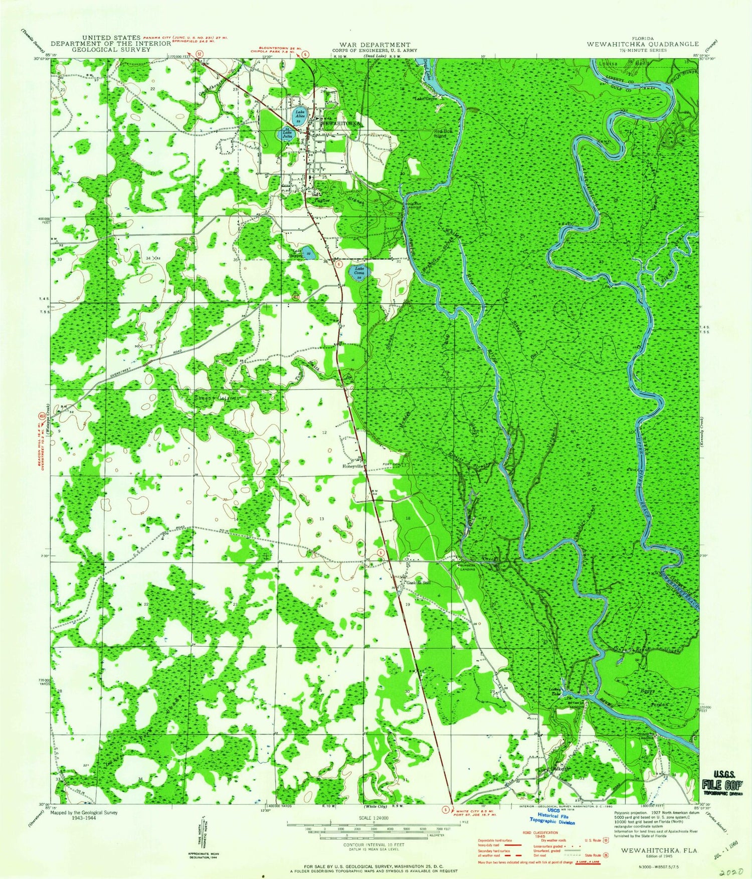 Classic USGS Wewahitchka Florida 7.5'x7.5' Topo Map Image