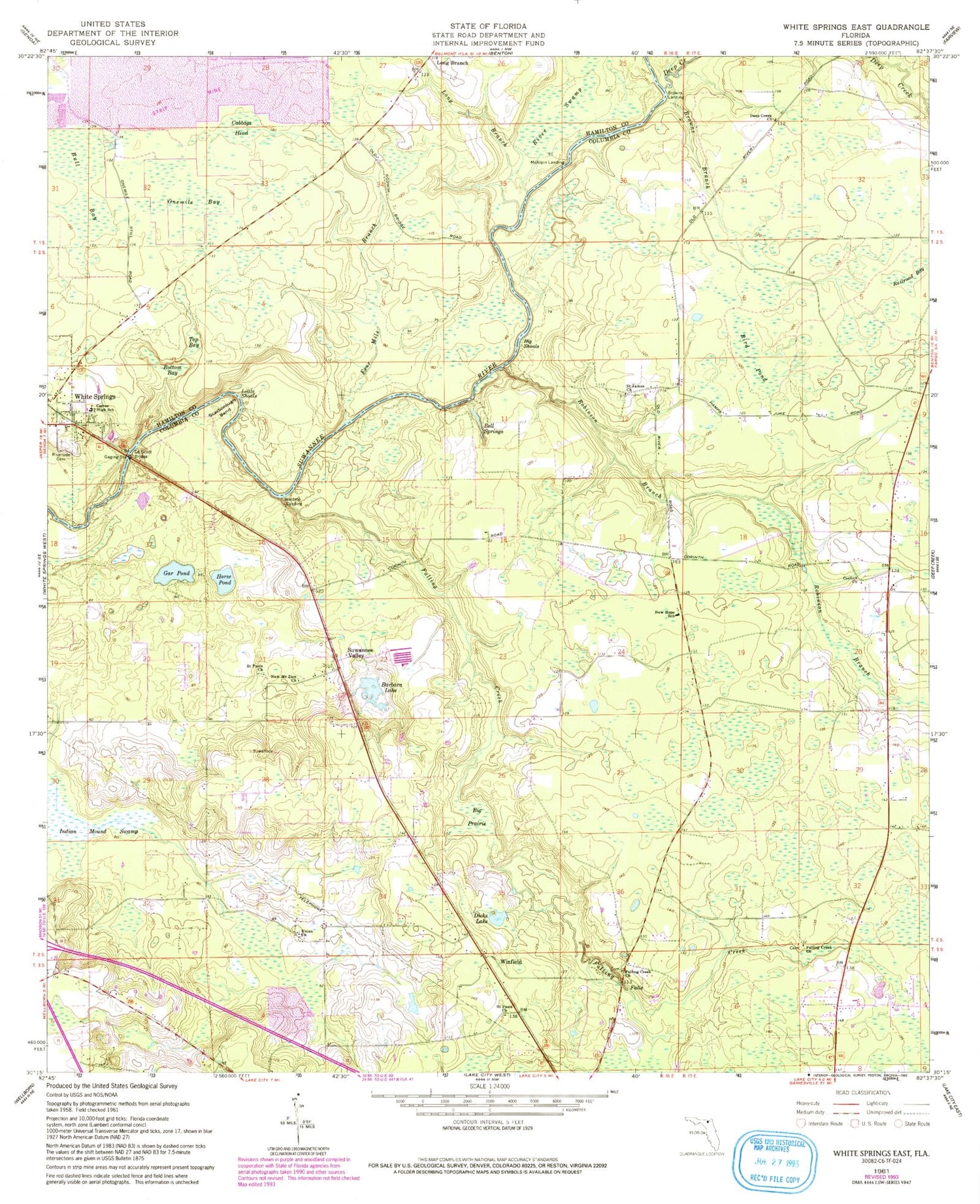 Classic USGS White Springs East Florida 7.5'x7.5' Topo Map Image