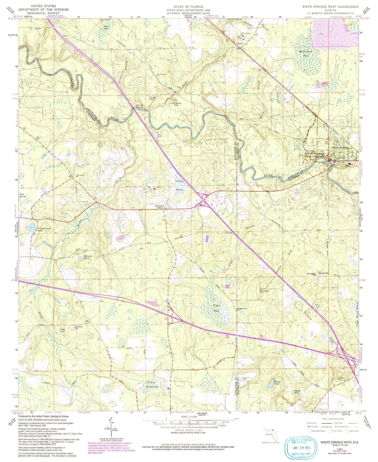 Classic USGS White Springs West Florida 7.5'x7.5' Topo Map Image