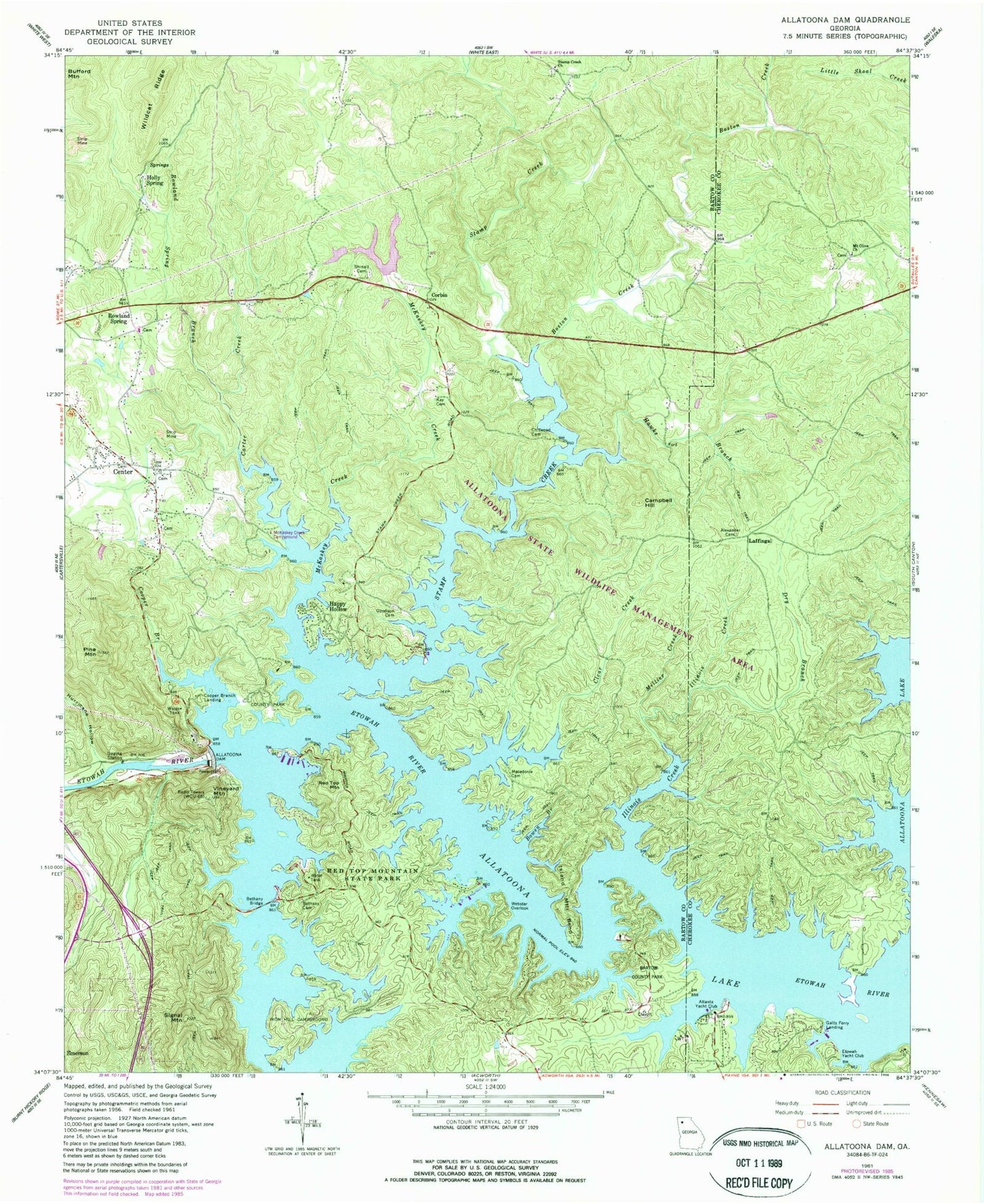 Classic USGS Allatoona Dam Georgia 7.5'x7.5' Topo Map Image