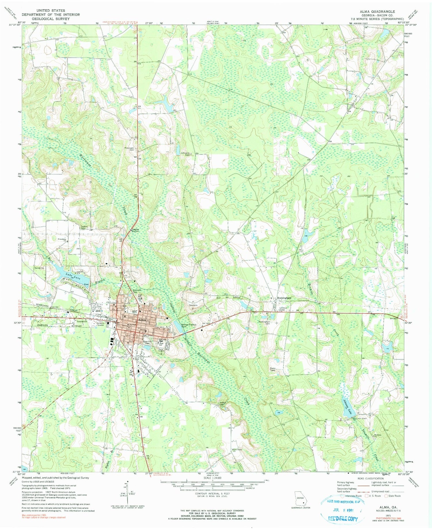 Classic USGS Alma Georgia 7.5'x7.5' Topo Map Image