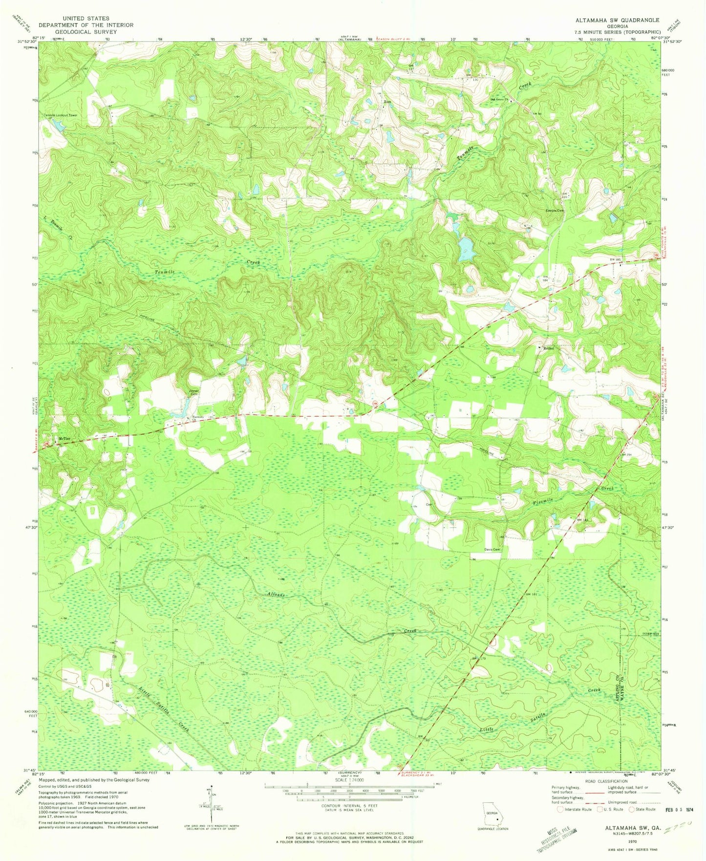 Classic USGS Altamaha SW Georgia 7.5'x7.5' Topo Map Image