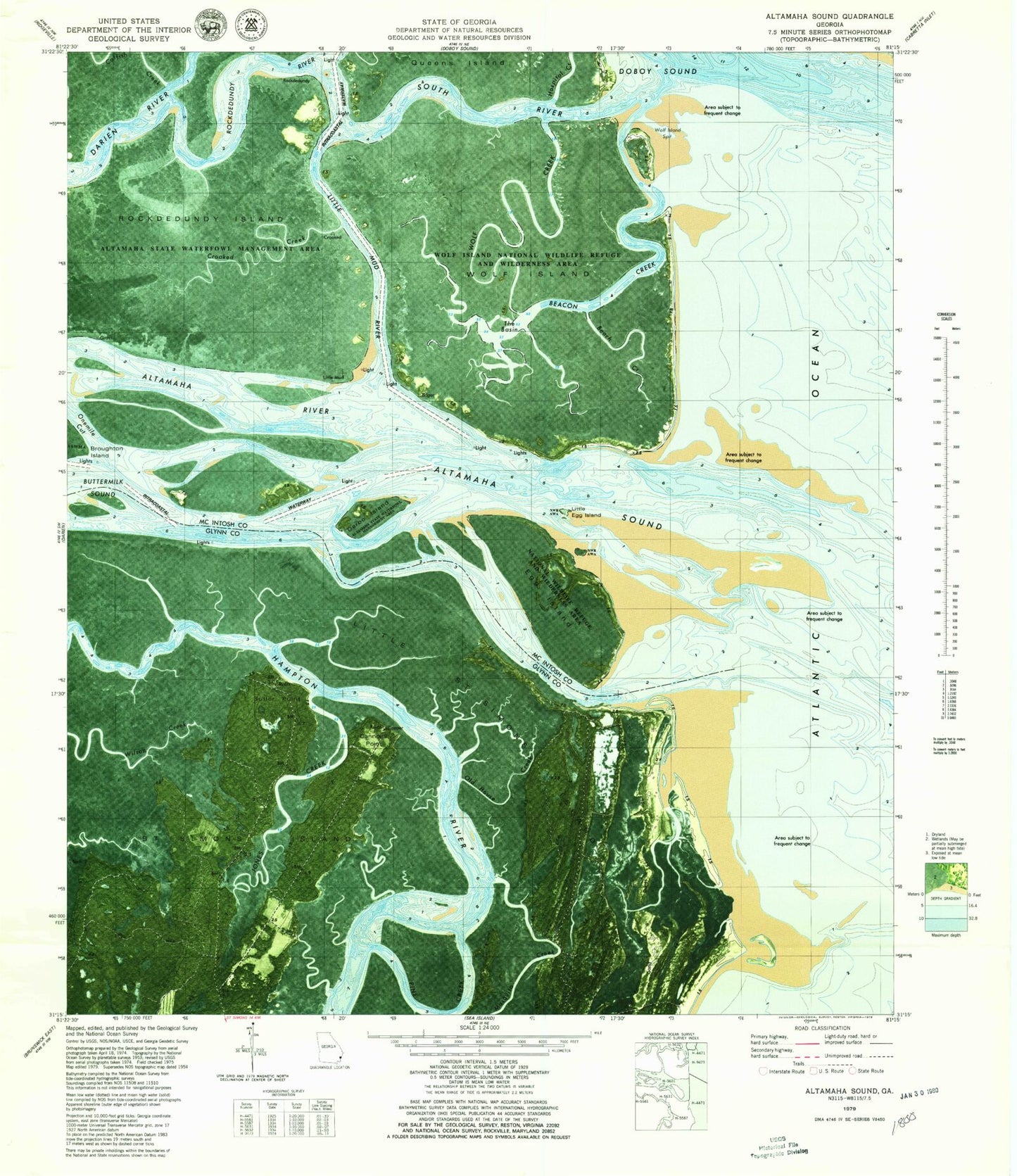 Classic USGS Altamaha Sound Georgia 7.5'x7.5' Topo Map Image