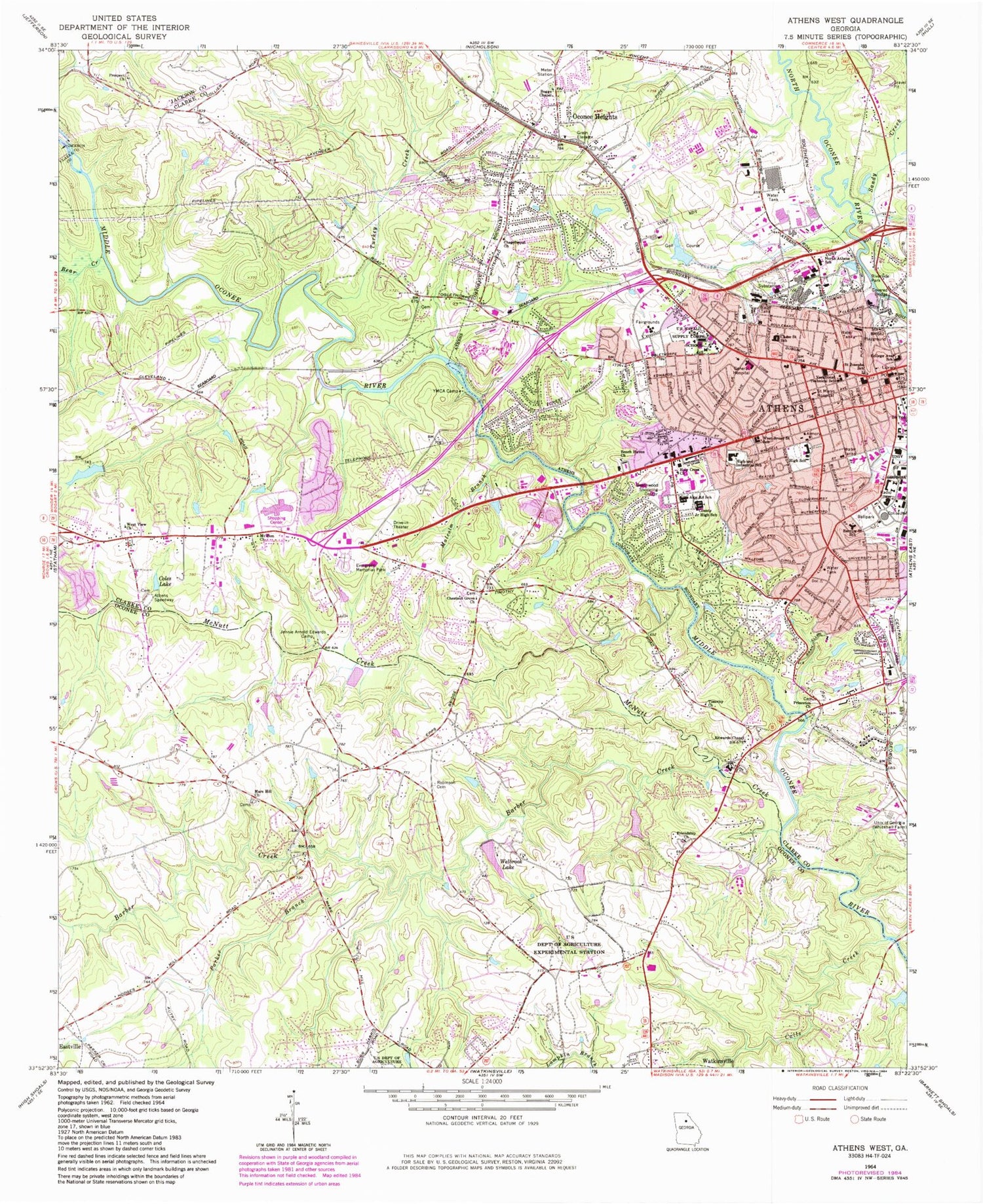 Classic USGS Athens West Georgia 7.5'x7.5' Topo Map Image