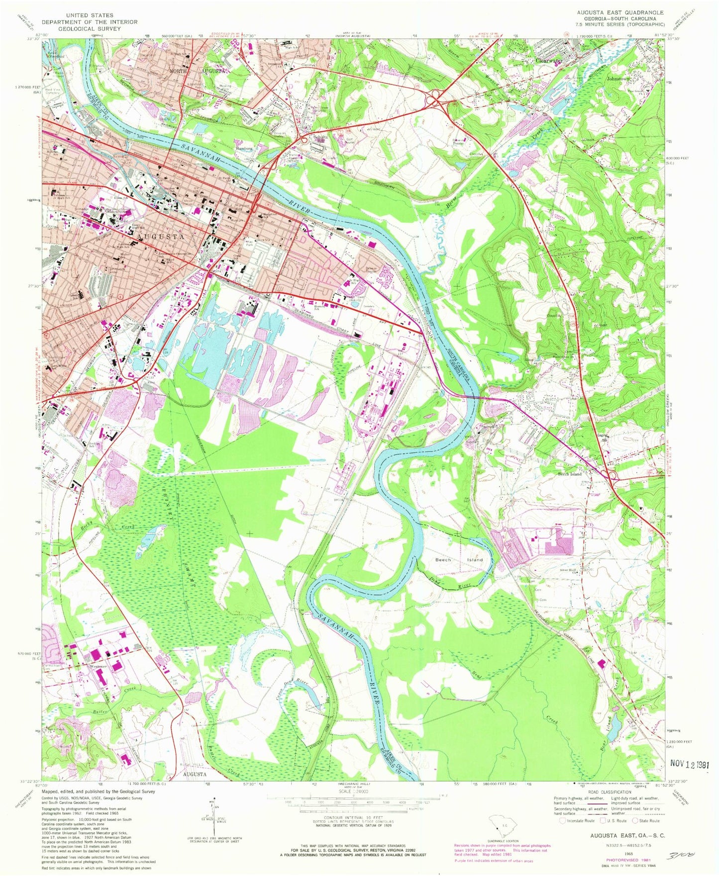 Classic USGS Augusta East Georgia 7.5'x7.5' Topo Map Image
