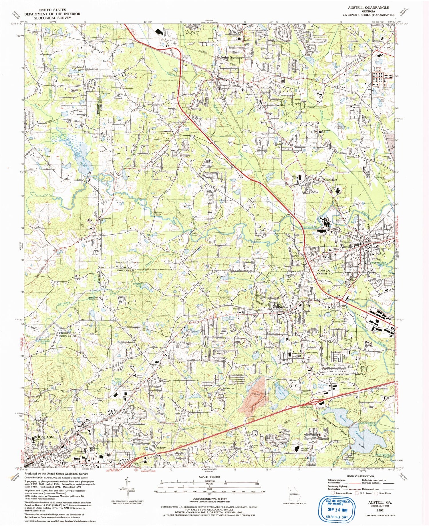 Classic USGS Austell Georgia 7.5'x7.5' Topo Map Image